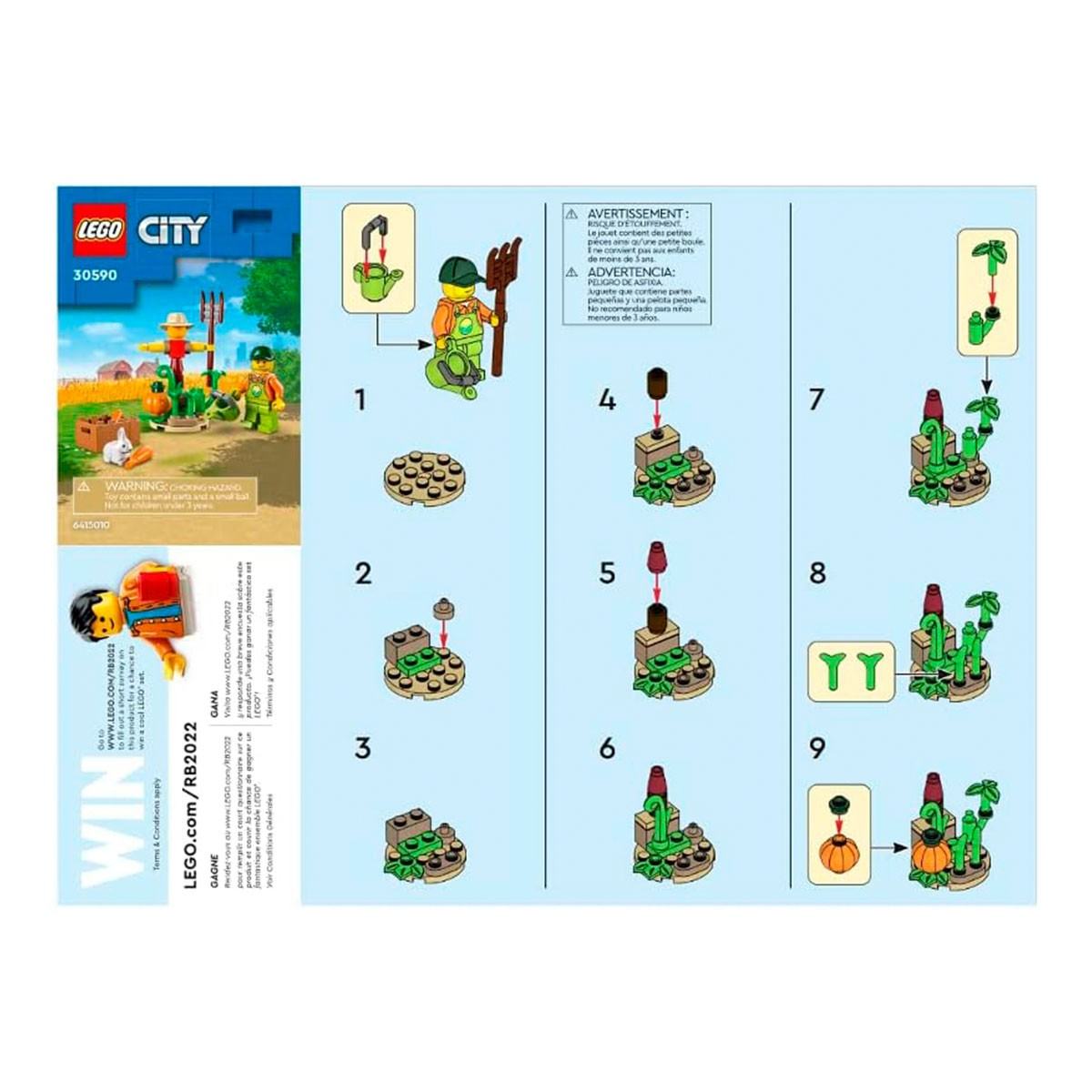 Istruzioni per un set Lego City che mostrano i passaggi per costruire una scena di fattoria con minifigure e accessori.