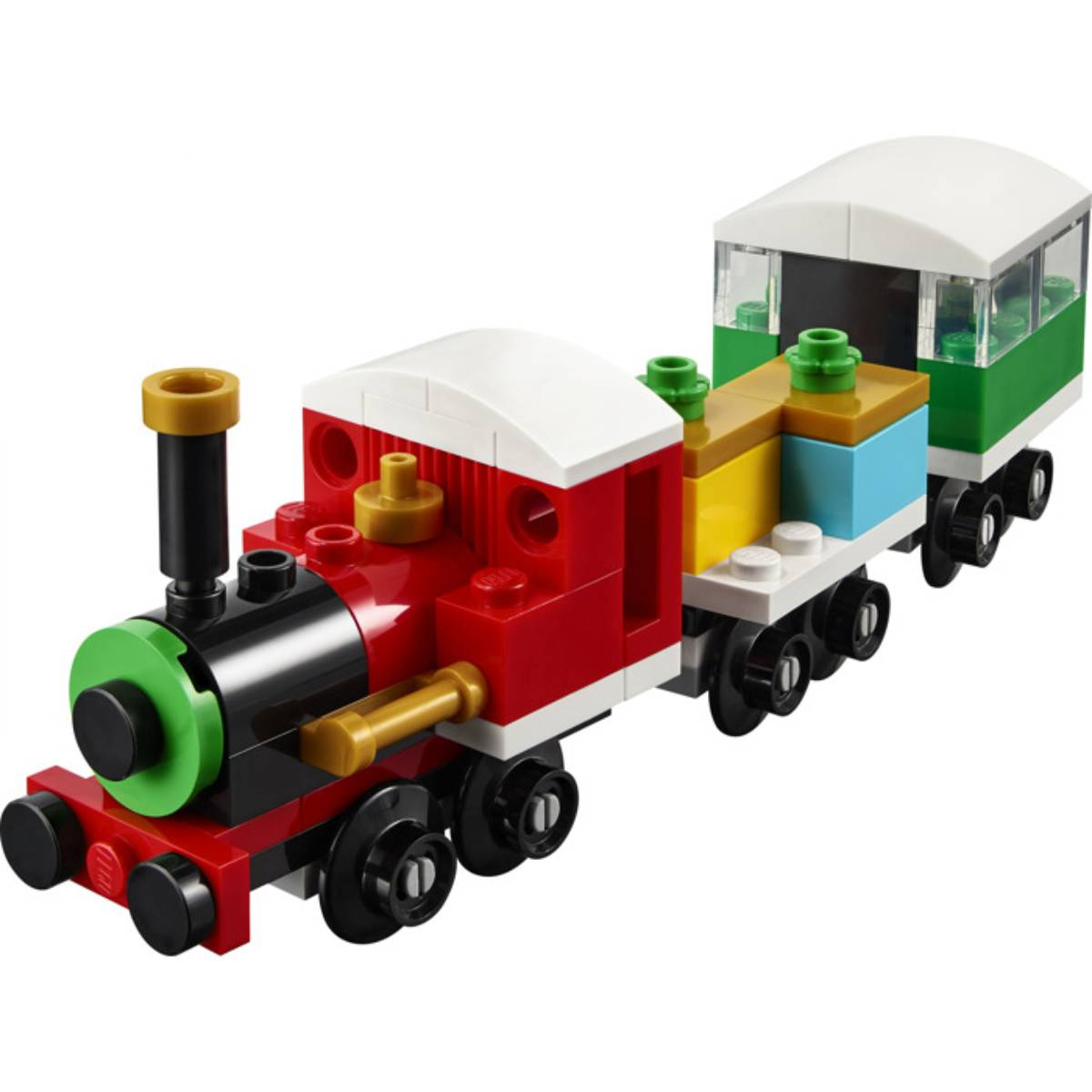 Ein farbenfroher Spielzeugzug aus Lego-Steinen, mit roter Lok, weißem Dach und grünem Wagen.
