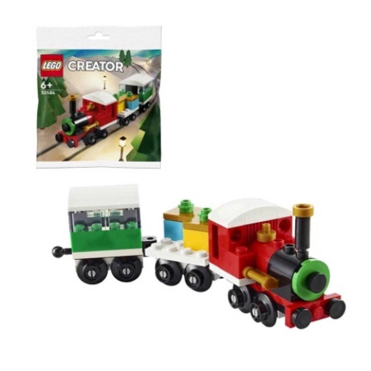 LEGO Creator Zugset in einer Tüte und zusammengebaut. Rote, grüne und gelbe Waggons sind sichtbar.