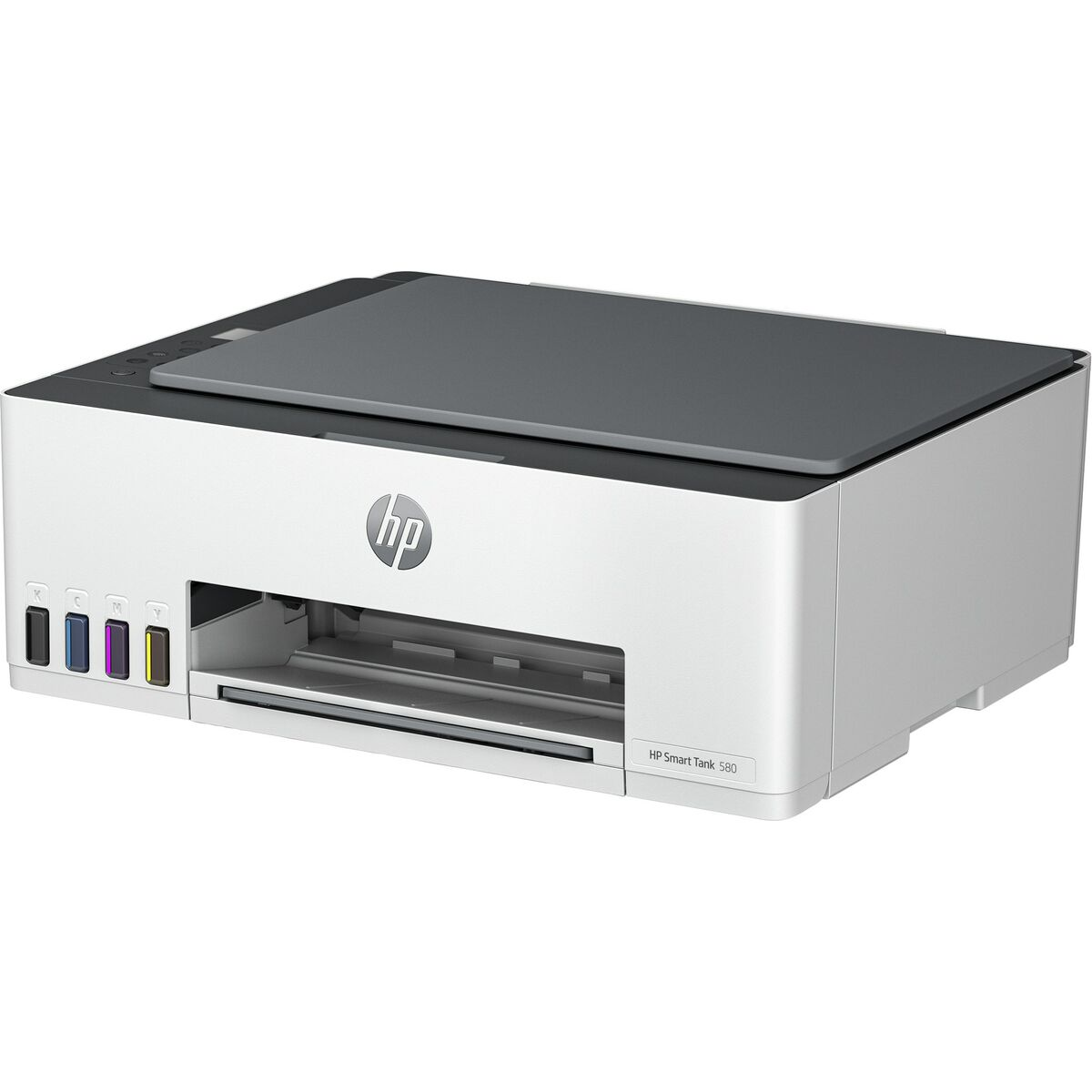 Weißer und grauer HP-Drucker mit Tintenpatronen. Der Drucker steht auf weißem Hintergrund.