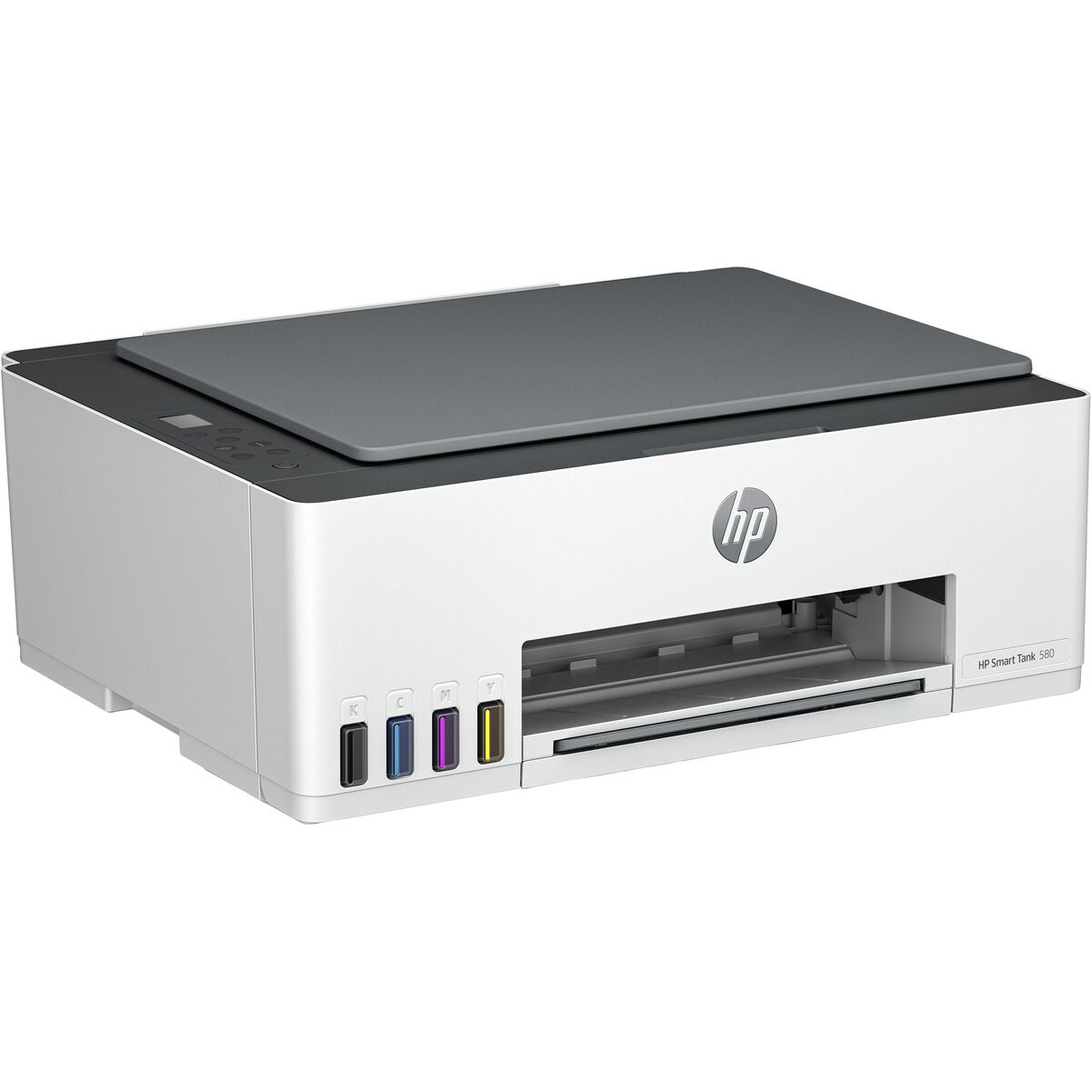 HP Smart Tank 580 Drucker, weiß und grau, mit Tintenbehältern, und die Vorderansicht.