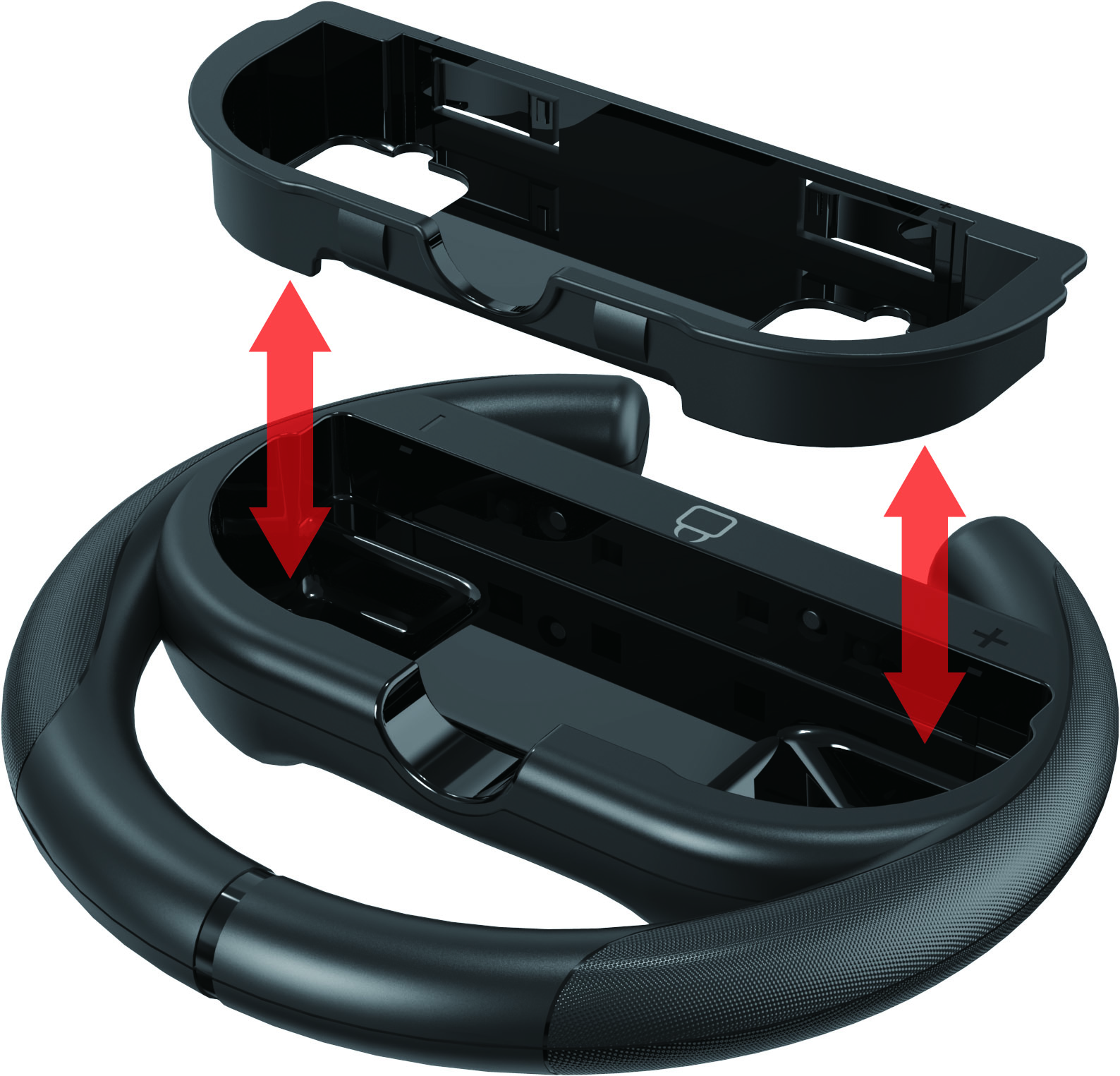 Due controller a volante neri per Nintendo Switch. Uno viene smontato.