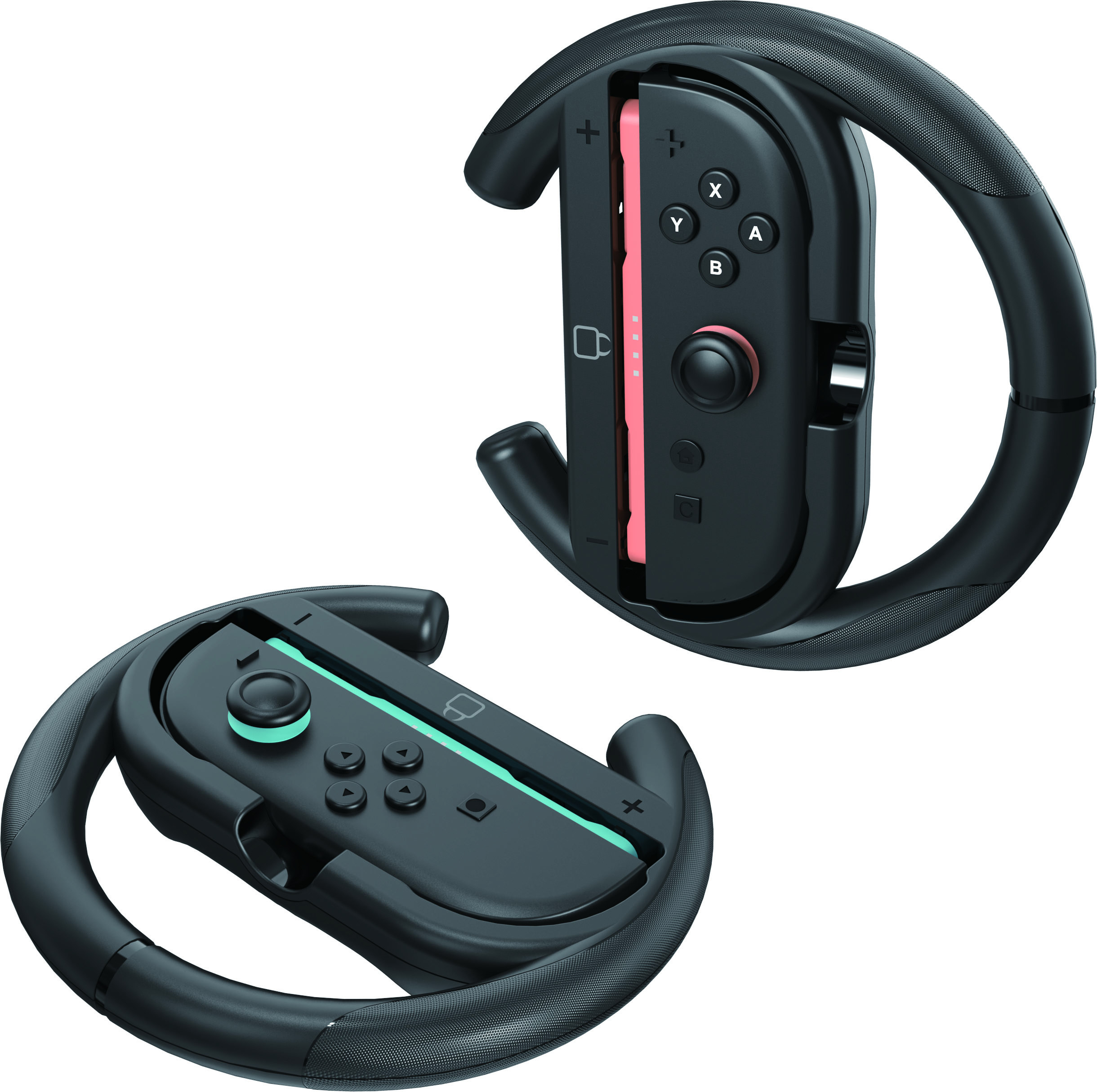 Due controller a volante neri per Nintendo Switch. Uno ha un Joy-Con rosso, l'altro blu.