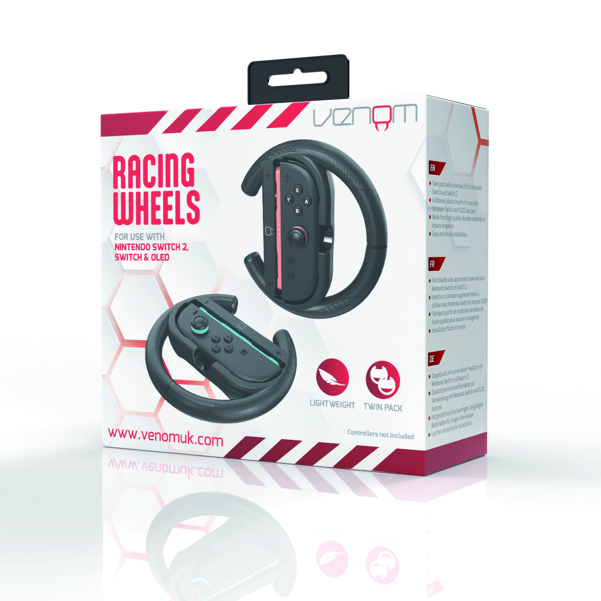 Scatola con controller a volante da corsa per Nintendo Switch. La scatola è bianca e rossa con testo e immagini neri.