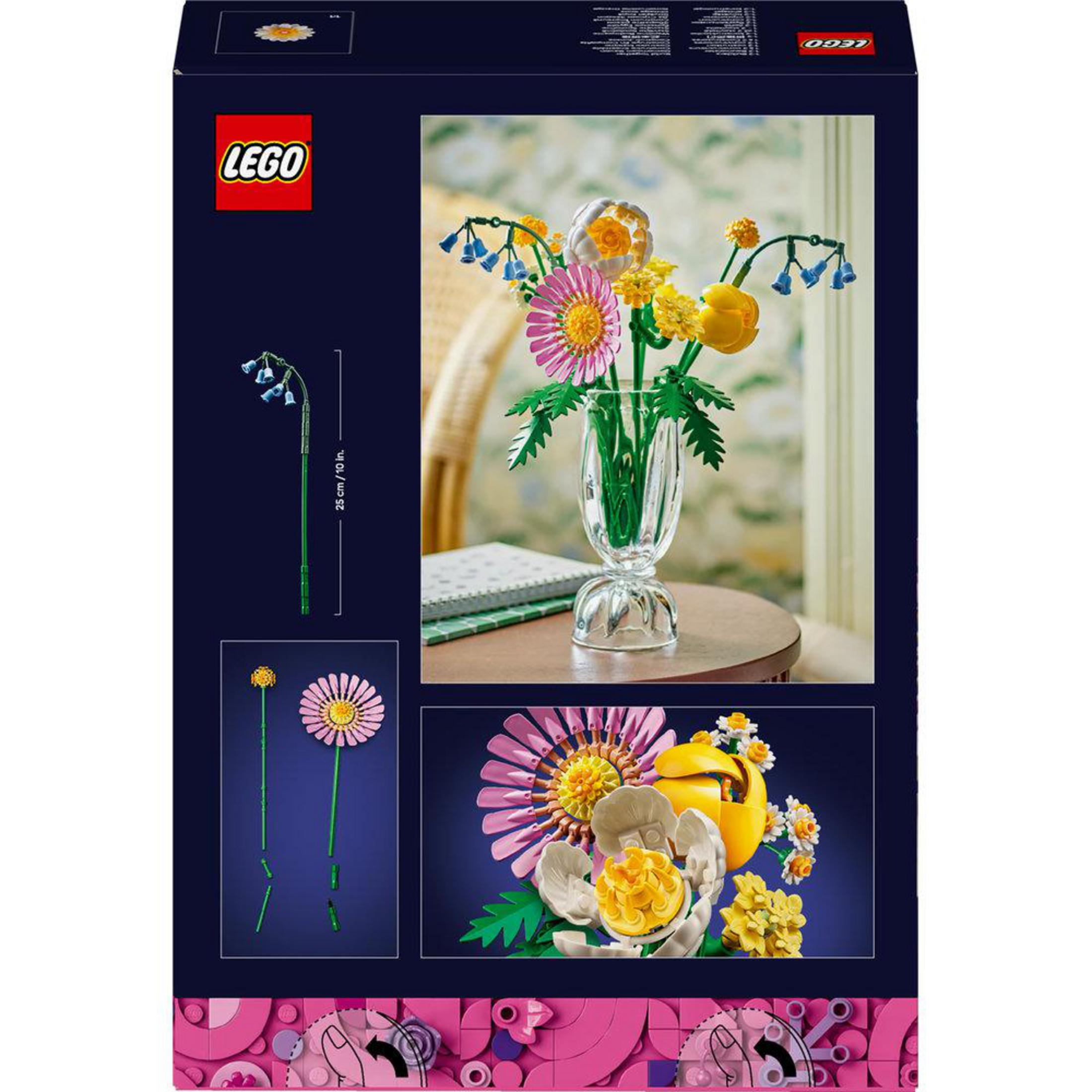 Parte trasera de la caja con flores LEGO. Un jarrón contiene flores y se muestran construcciones individuales de flores con detalles.
