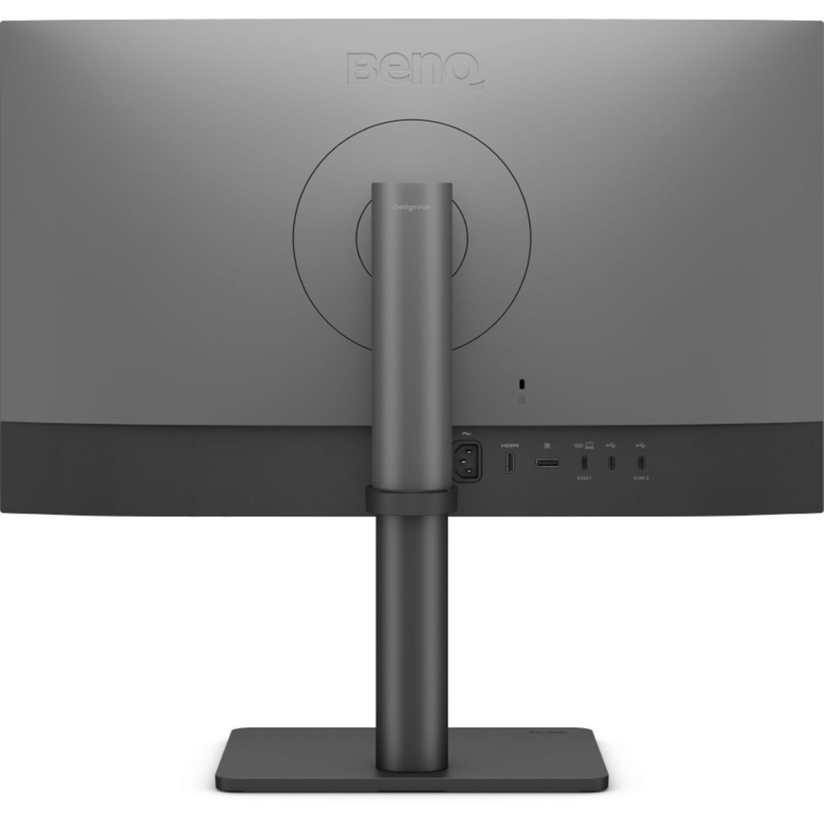 Achterkant van een BenQ monitor. Het is grijs met een zwarte voet en standaard. Poorten en aansluitingen zijn zichtbaar.