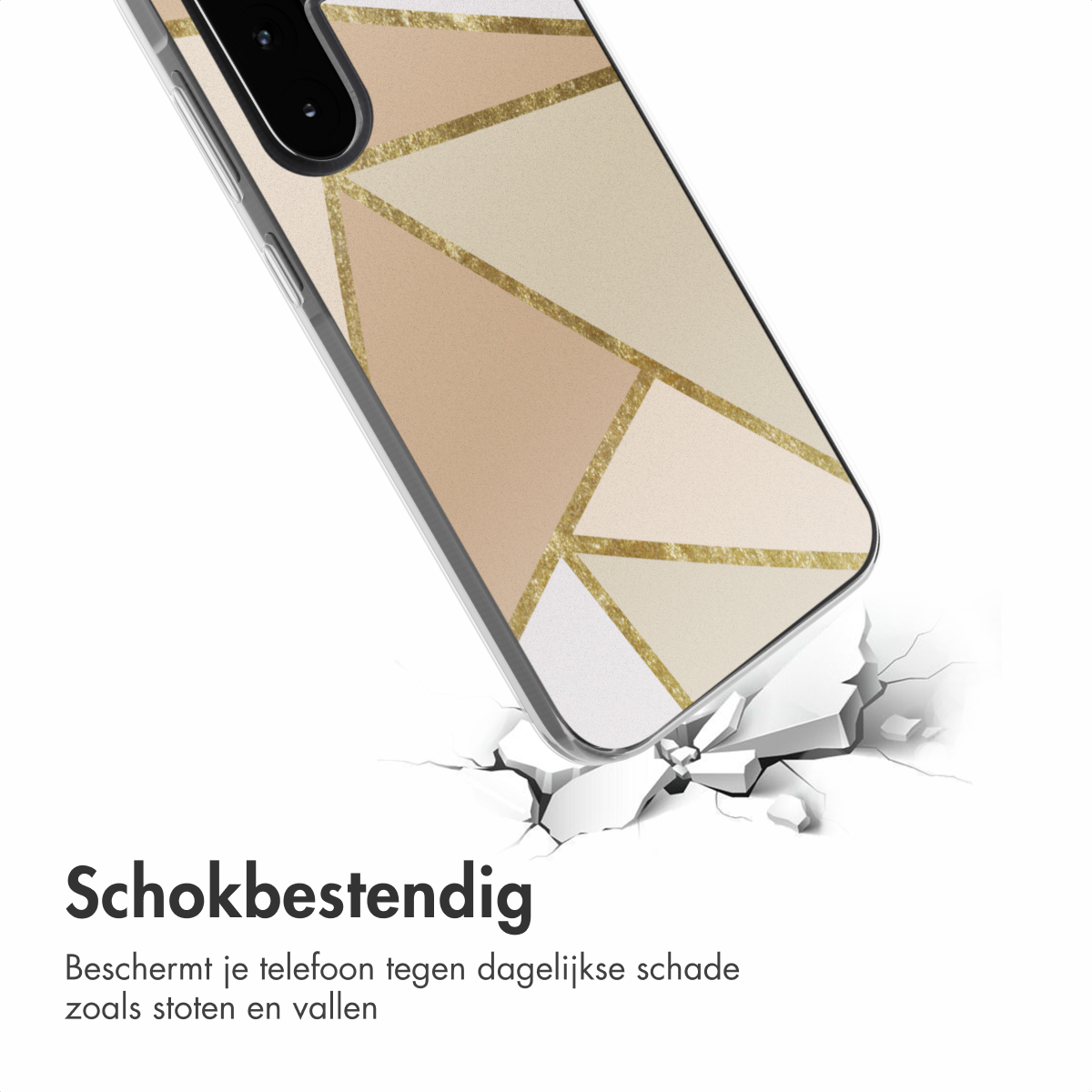 Een telefoonhoesje met een geometrisch ontwerp, scheureffect en tekstoverlay.