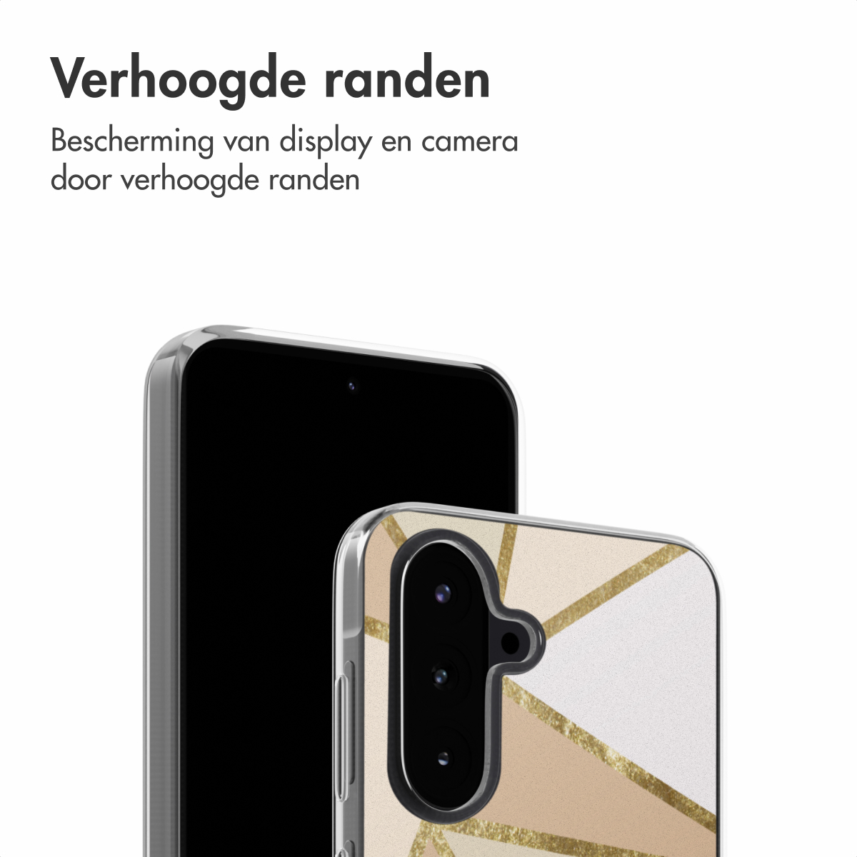 Een telefoon in een hoesje met geometrisch ontwerp, tekst erboven en een witte achtergrond.