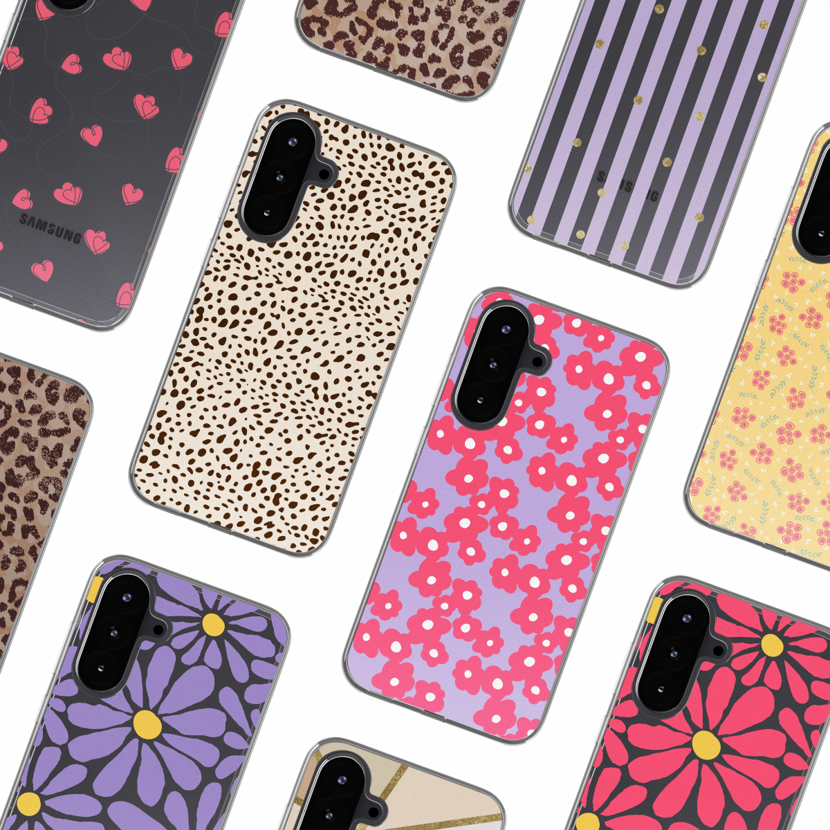 Une collection d'étuis de téléphone avec divers motifs, notamment des motifs floraux, à pois et géométriques.