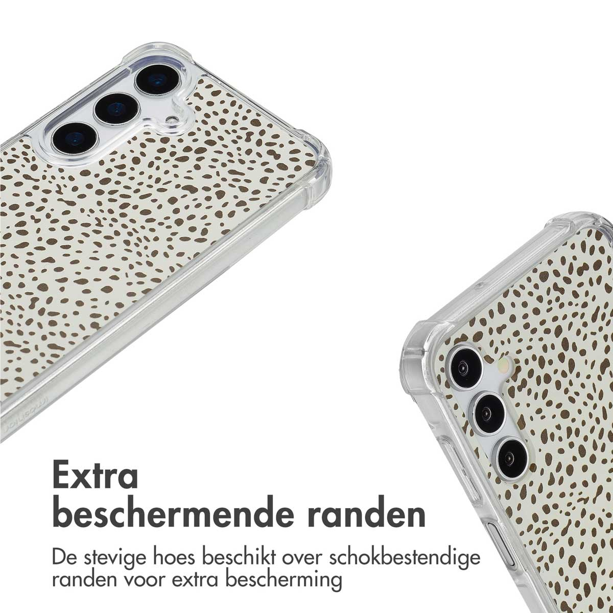 Telefoonhoesje met bruine stippen op een witte achtergrond, met extra beschermende randen en tekst.
