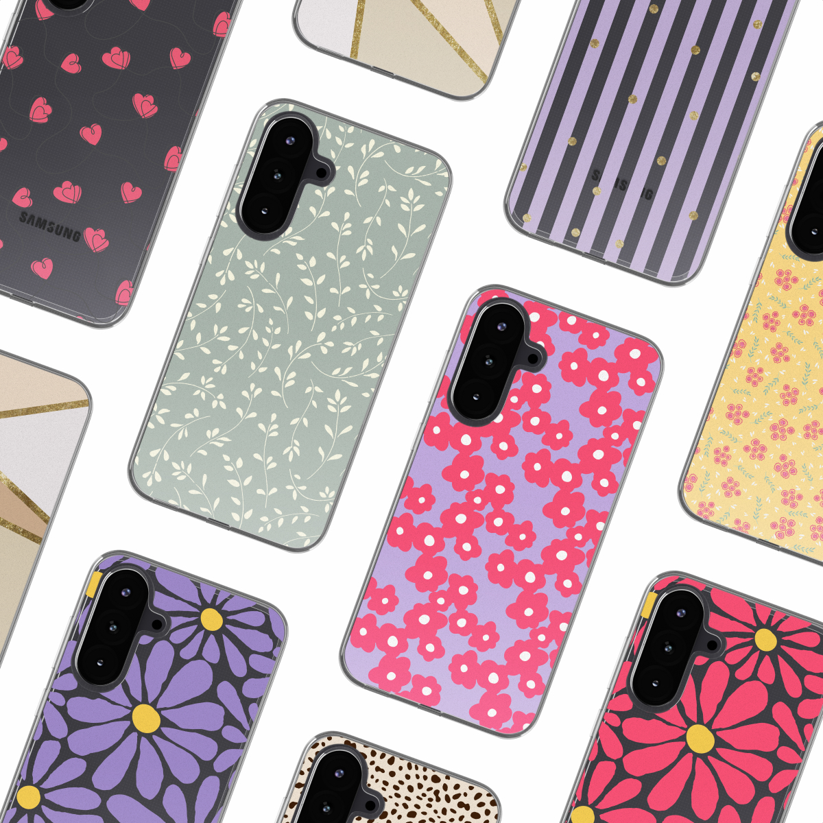 Een verzameling telefoonhoesjes met verschillende designs. Sommige harten, sommige bloemen, sommige luipaardprints en strepen.