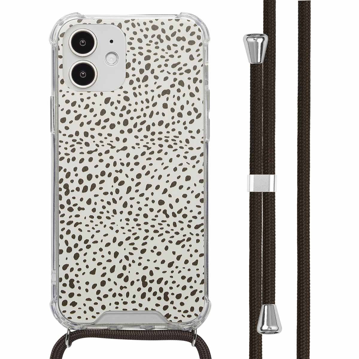 Une coque de téléphone avec un fond blanc et des taches marron. Elle a un cordon marron.