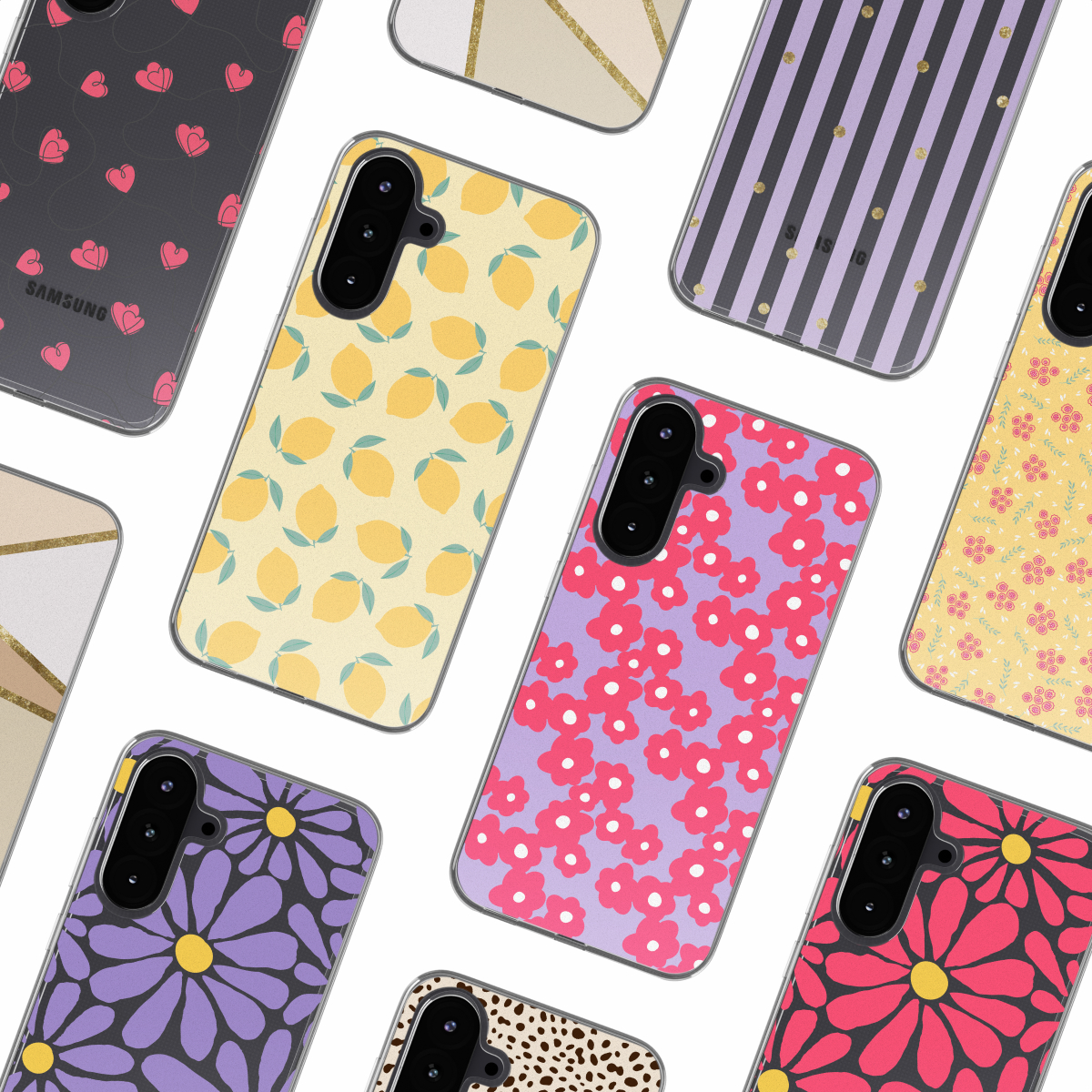 Een verzameling telefoonhoesjes met verschillende patronen, waaronder harten, citroenen en strepen.