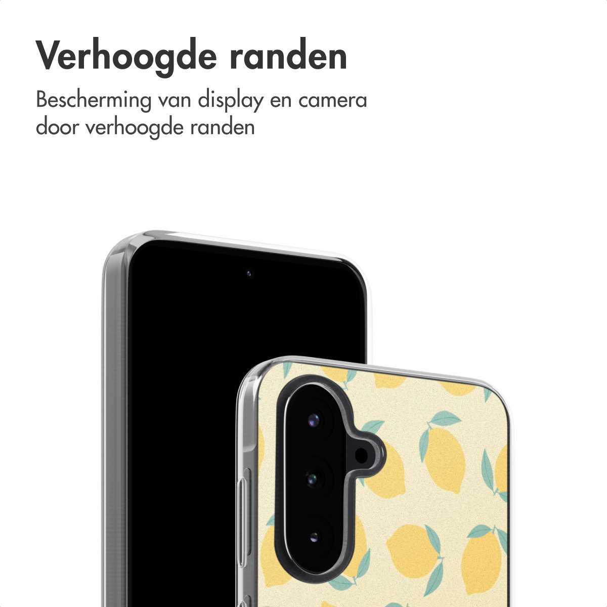 Twee telefoons worden getoond, één in een doorzichtige hoes met een citroenontwerp, de andere met een zwart scherm.