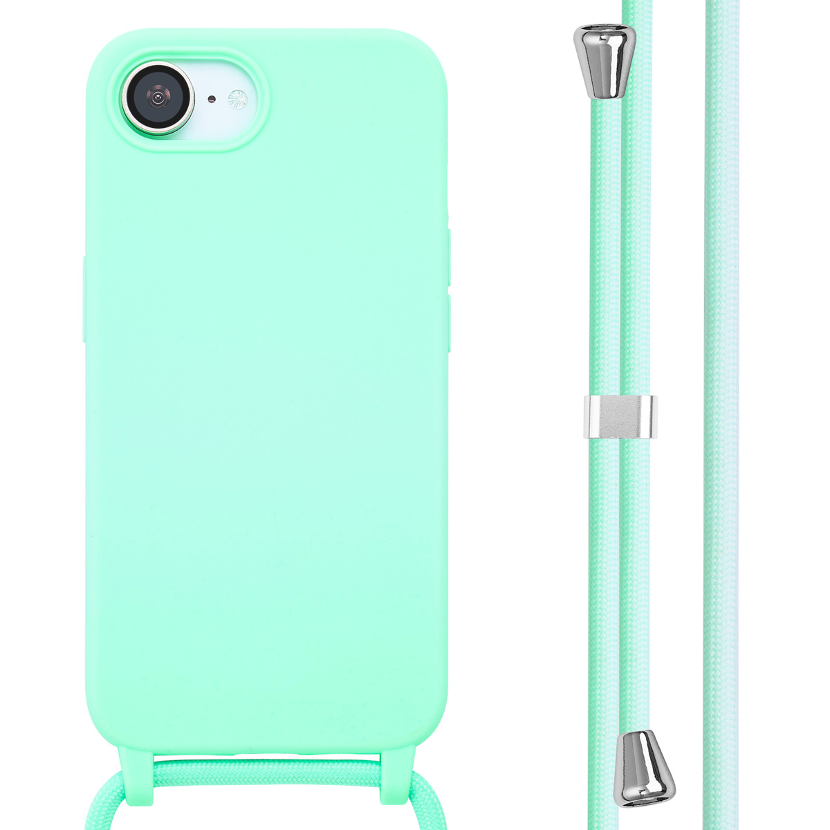 Mintgroene telefoonhoes met bijpassend koord. Zilveren accenten op het koord.