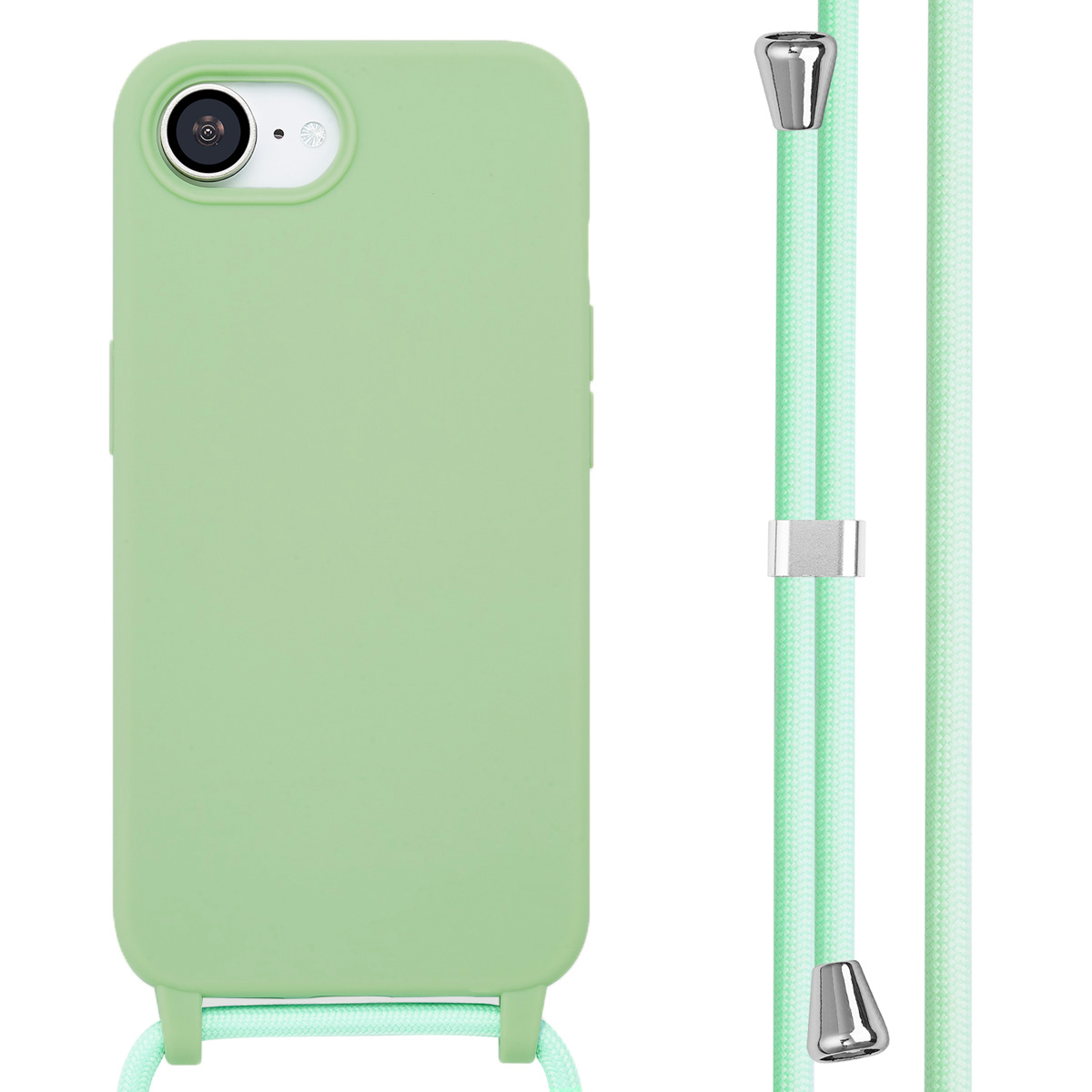 Une coque de téléphone verte avec un cordon vert assorti. La coque est à gauche et le cordon à droite.