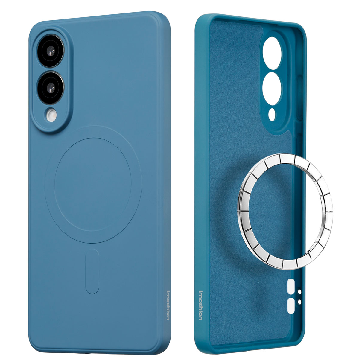 Twee blauwe telefoonhoesjes met een ringhouder. Tekst: 'Matte coating'.