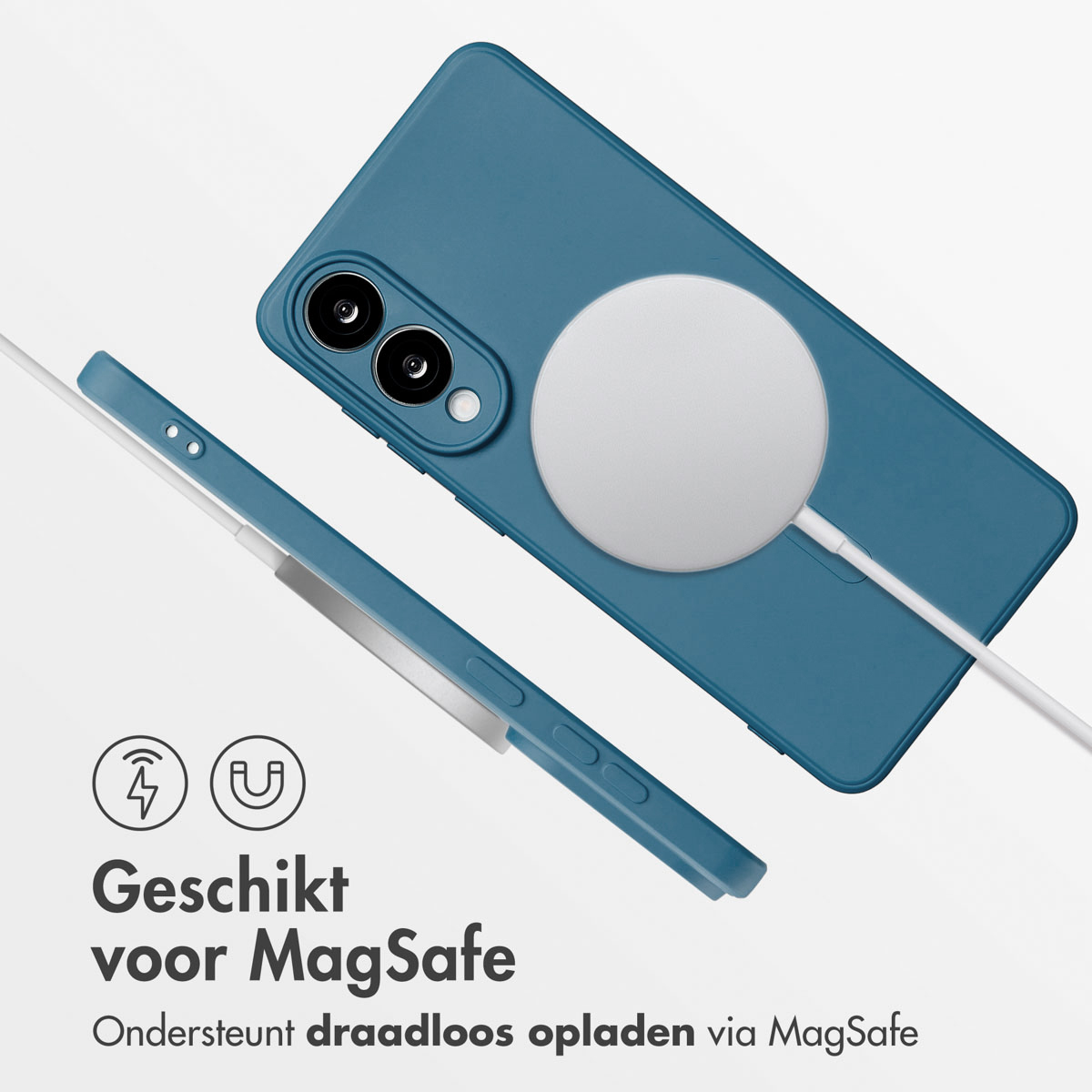 Een blauwe telefoonhoes met een witte MagSafe-oplader en een witte oplaadkabel. Tekst zegt 'Geschikt voor MagSafe'.