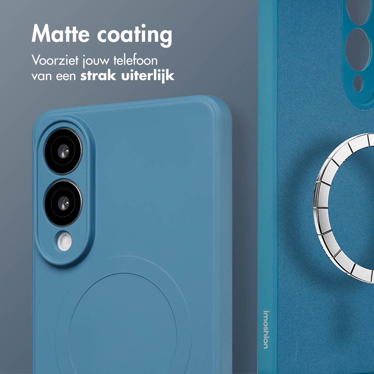 Twee blauwe telefoonhoesjes die zijdetails tonen. Tekst: 'Matte coating'.