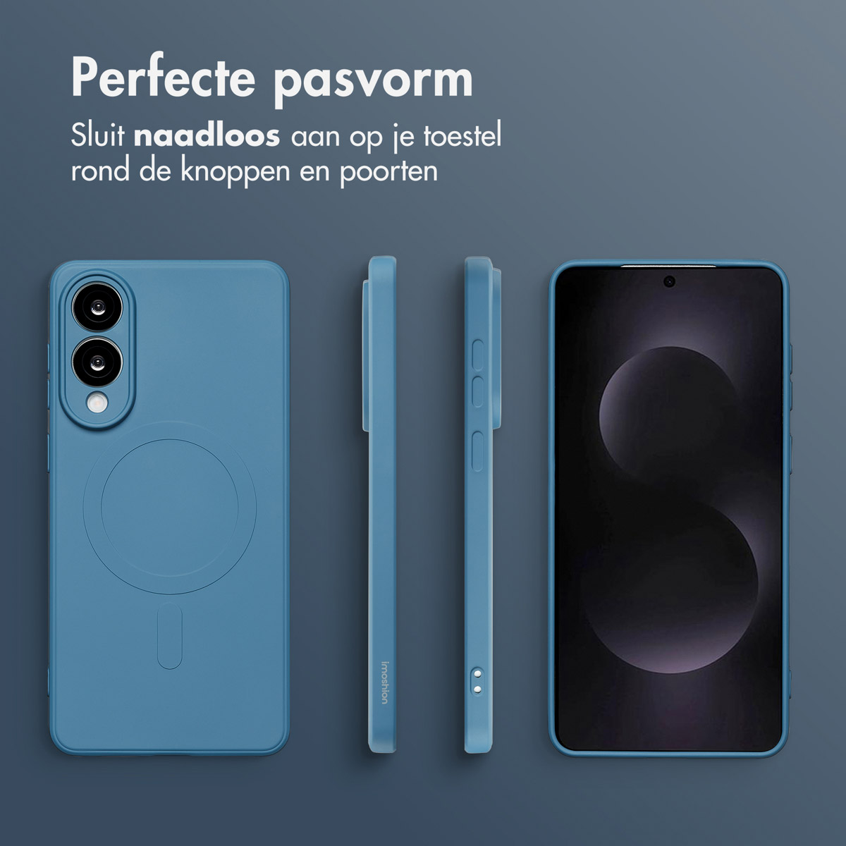 Vier blauwe telefoonhoesjes. Tekst zegt 'Perfecte pasvorm', de telefoonhoes past perfect rond de knoppen en poorten.