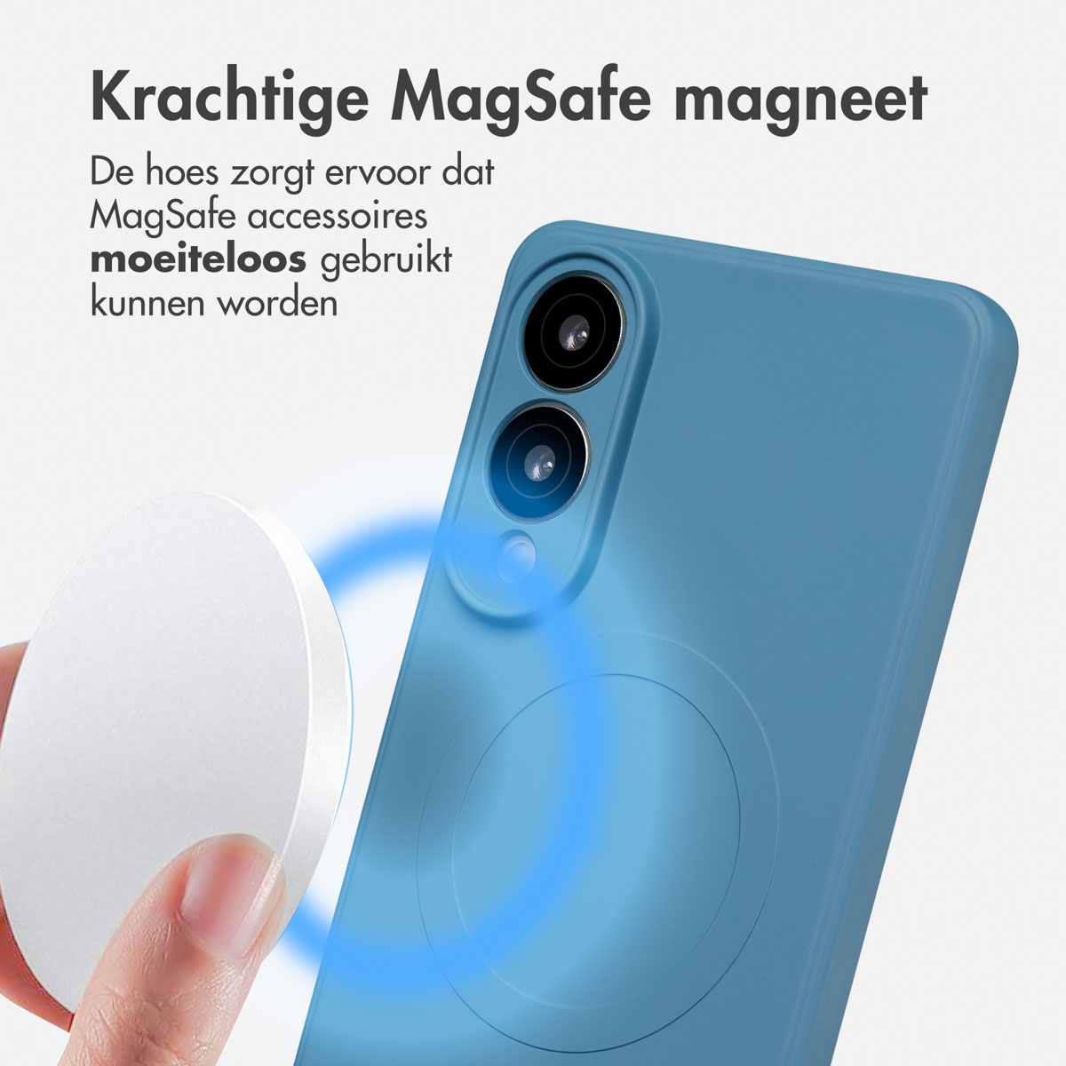Een blauwe telefoonhoes met een MagSafe-magneet bevestigd. De witte magneet zit boven de telefoon. Tekst zegt 'Krachtige MagSafe'.