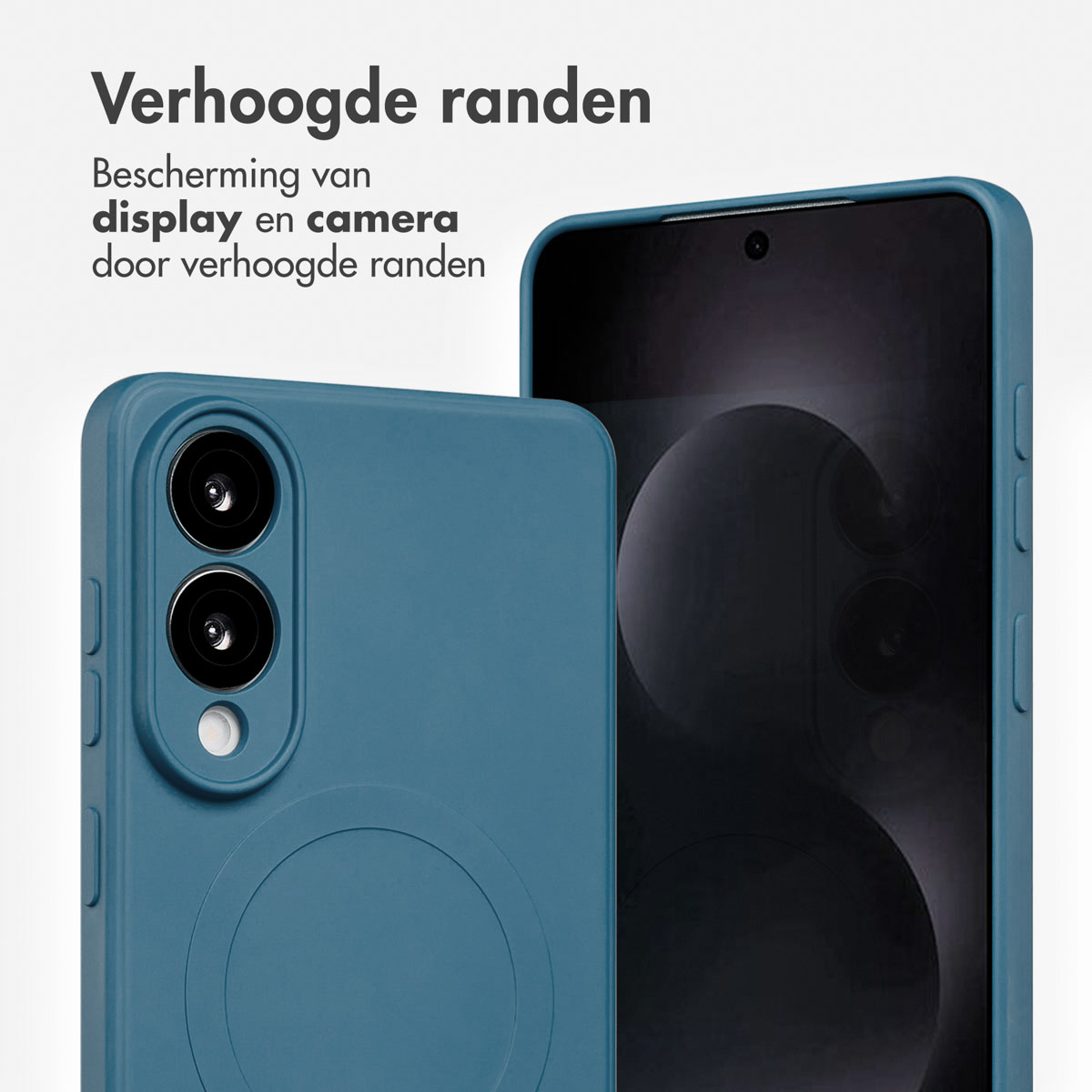 Twee blauwe telefoonhoesjes, die de zijkant tonen met tekst: 'Verhoogde randen'.