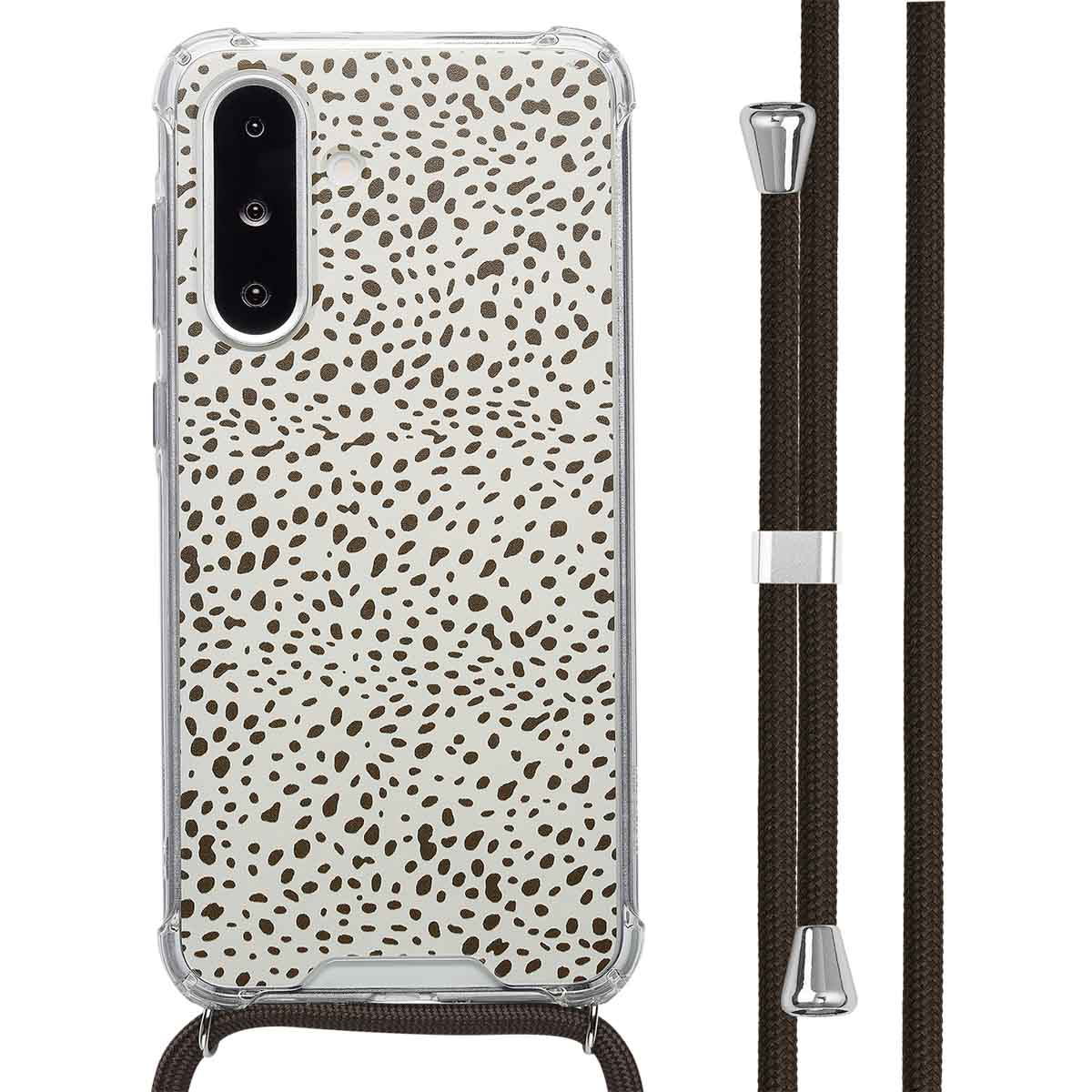Telefoonhoesje met een stippenpatroon in bruin en wit, met een bruin koord. Transparante hoes.
