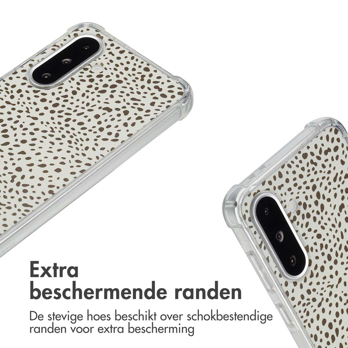 Twee telefoonhoesjes met stippenpatronen. De tekst 'Extra beschermende randen' staat eronder.