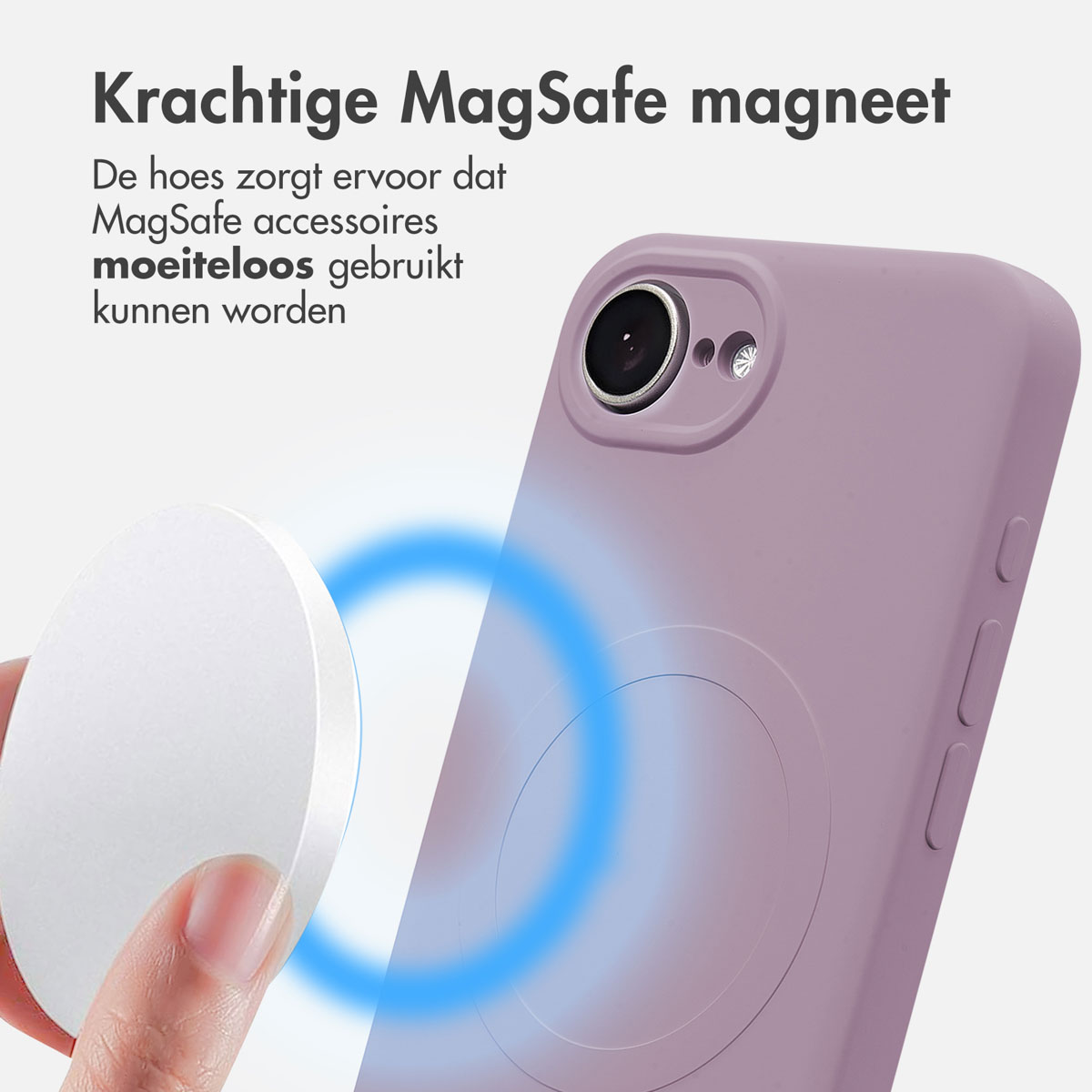 Custodia per telefono viola con cerchio bianco e caricatore magnetico bianco.