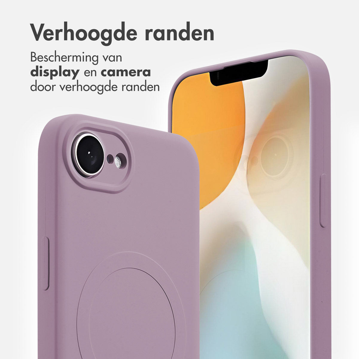 Custodia per telefono viola e un secondo telefono, con bordi rialzati visibili.