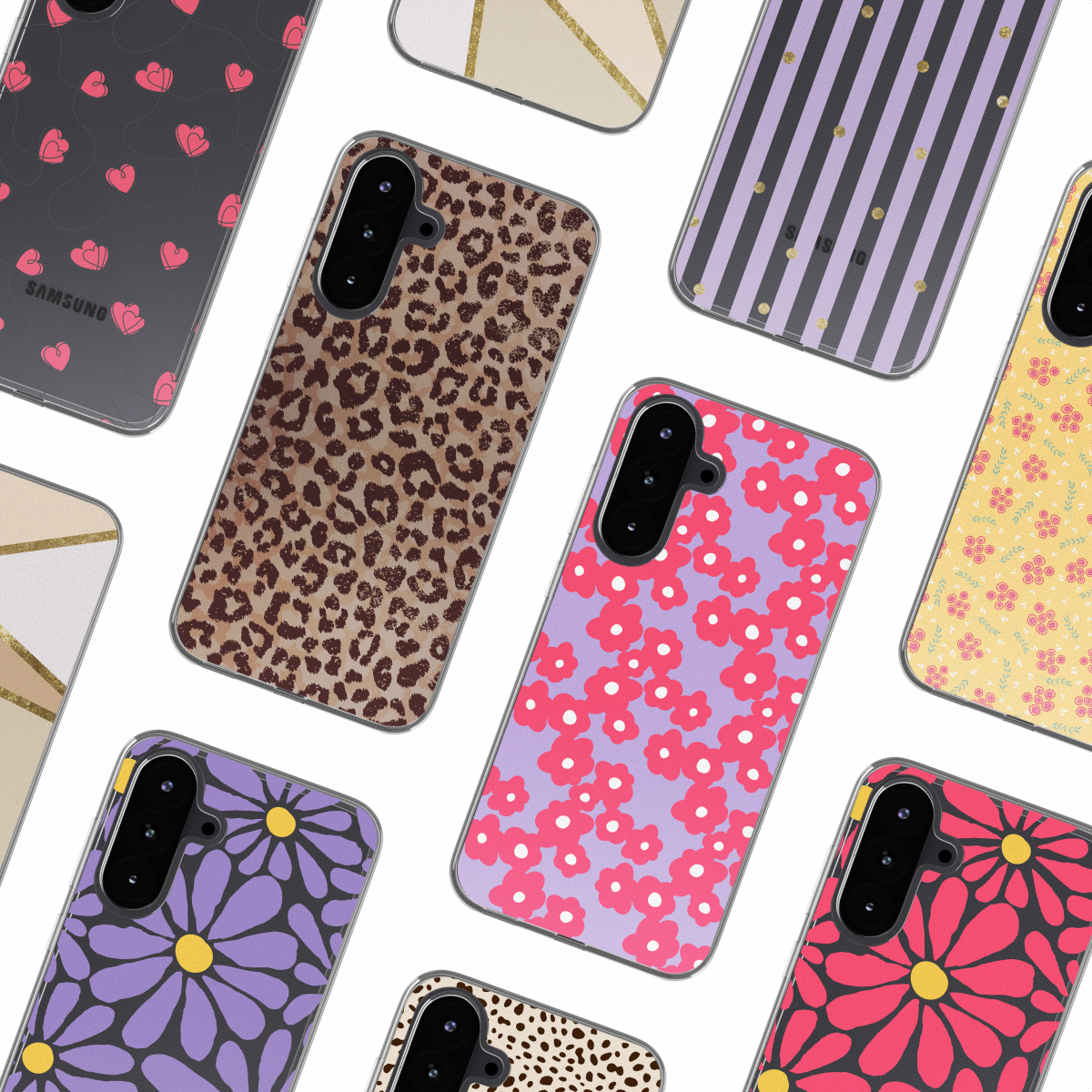 Een verscheidenheid aan telefoonhoesjes met verschillende patronen, waaronder bloemen-, luipaard- en streepontwerpen.