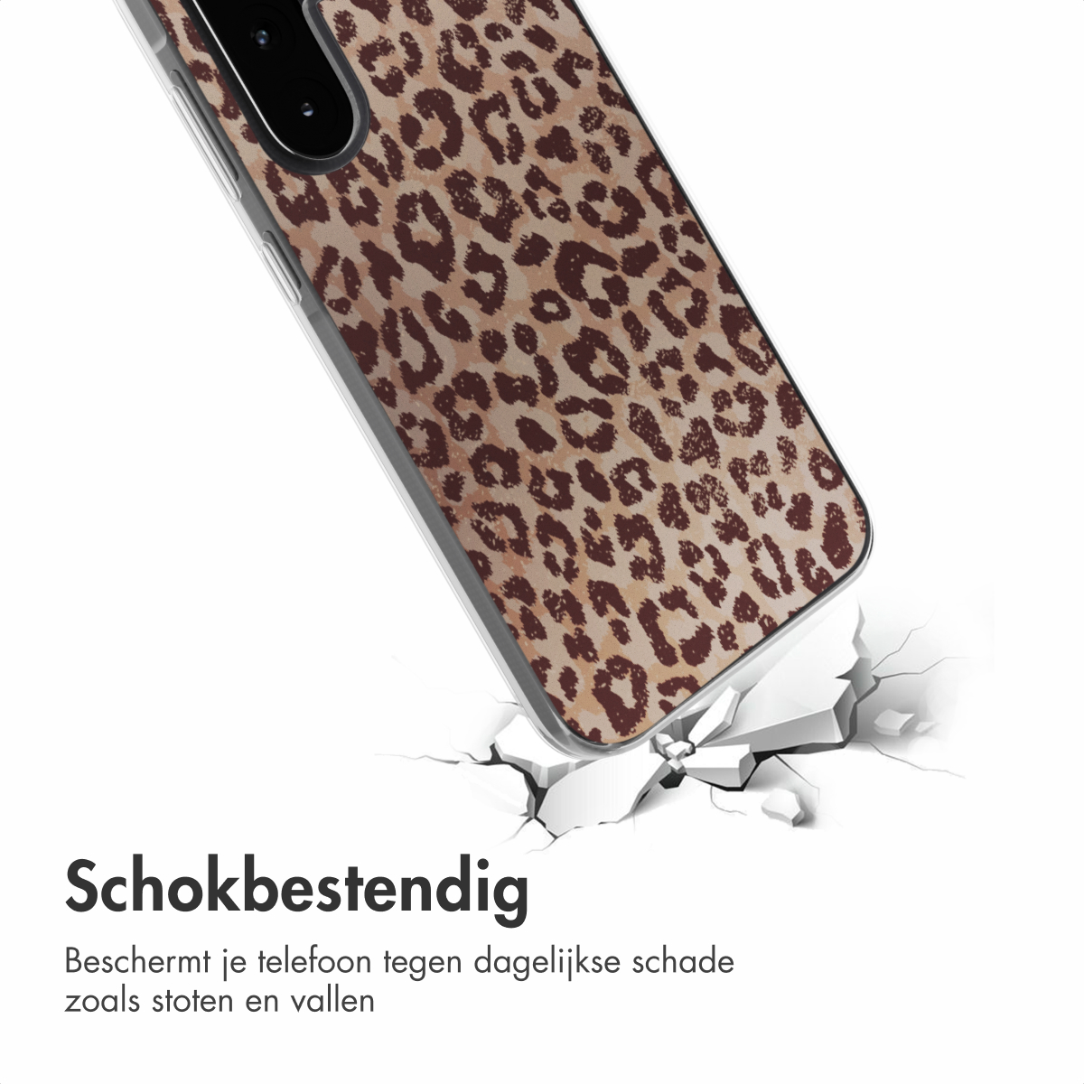 Een telefoonhoesje met een luipaardpatroon wordt getoond. De telefoon valt en het hoesje raakt de grond. Tekst: Schokbestendig.