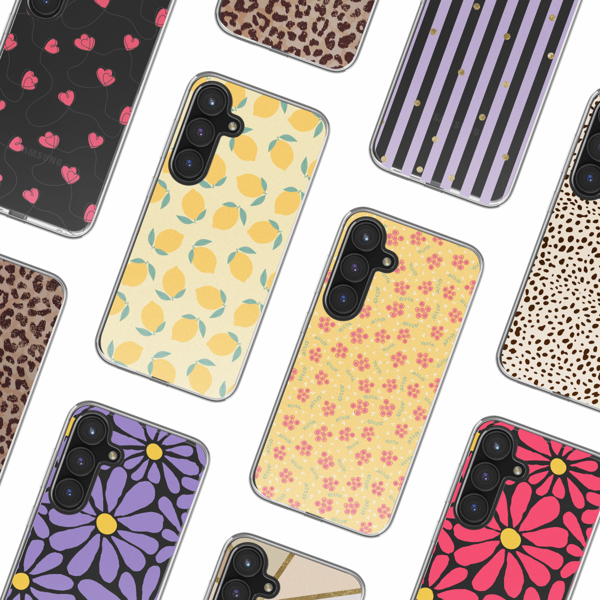 Collectie telefoonhoesjes met diverse patronen: luipaard, bloemen, strepen, citroen, hart en madeliefje.