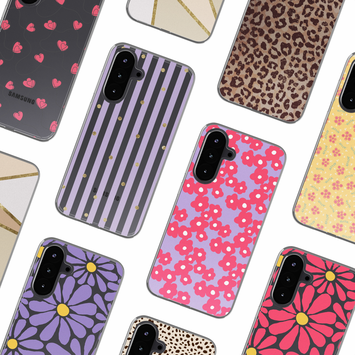 Telefoons met verschillende patronen: harten, strepen, stippen, bloemen in transparante hoesjes. Verschillende ontwerpen.