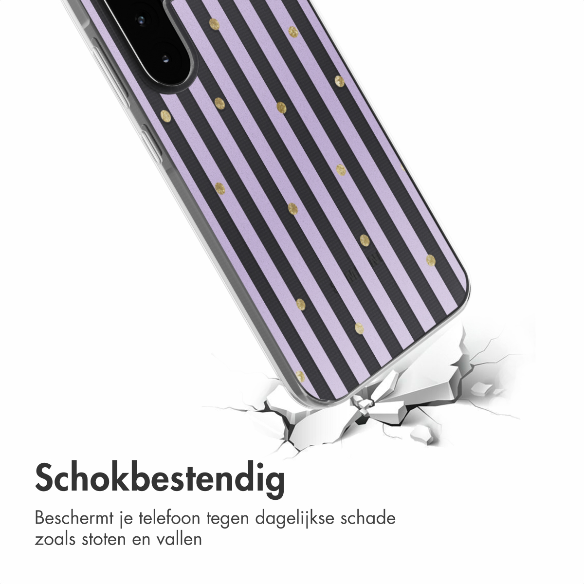 Telefoonhoesje met paarse strepen en gouden stippen breekt het oppervlak. Witte achtergrond, scheuren zichtbaar.