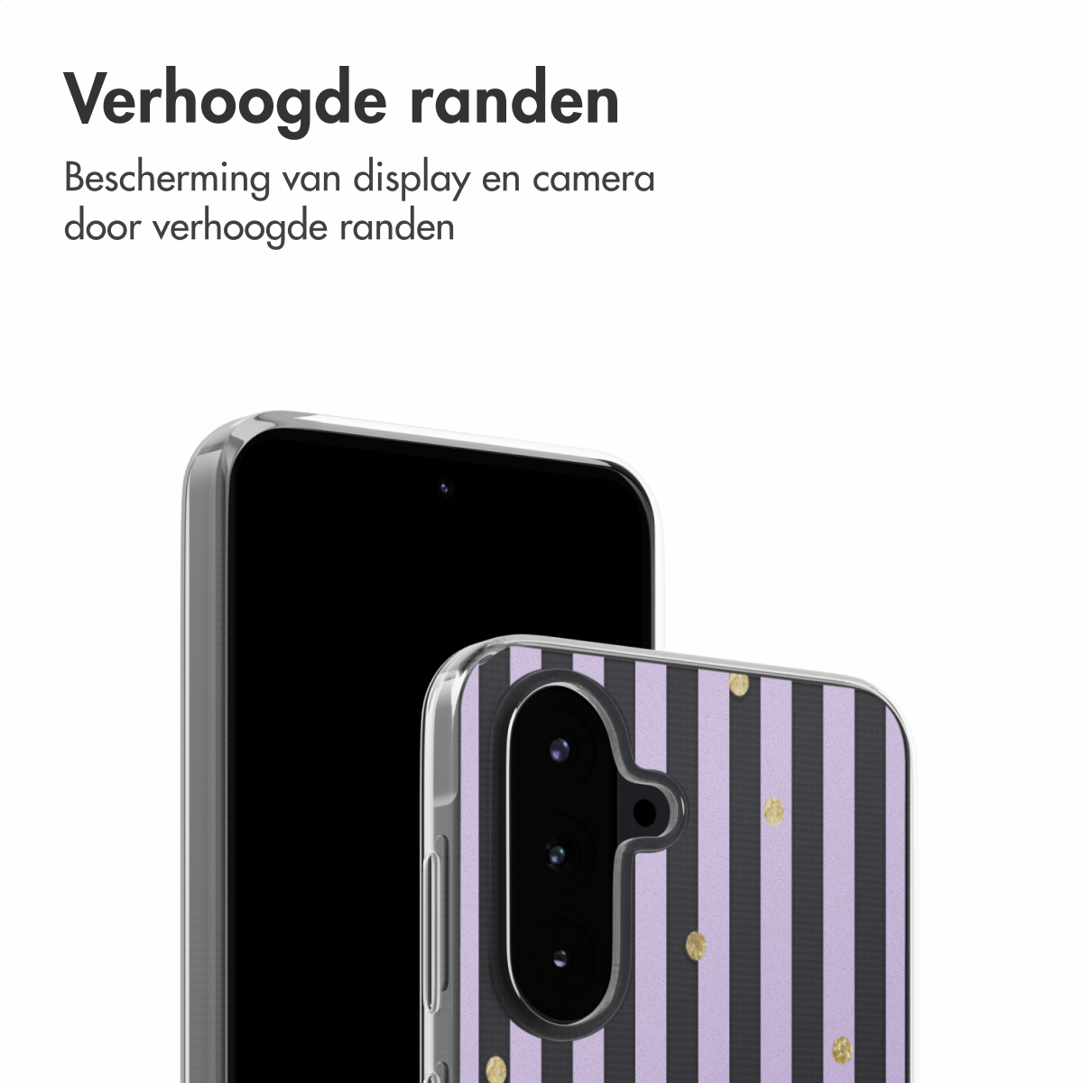 Telefoonhoesje met paarse strepen en gouden stippen naast een telefoon met zwart scherm. Witte achtergrond.