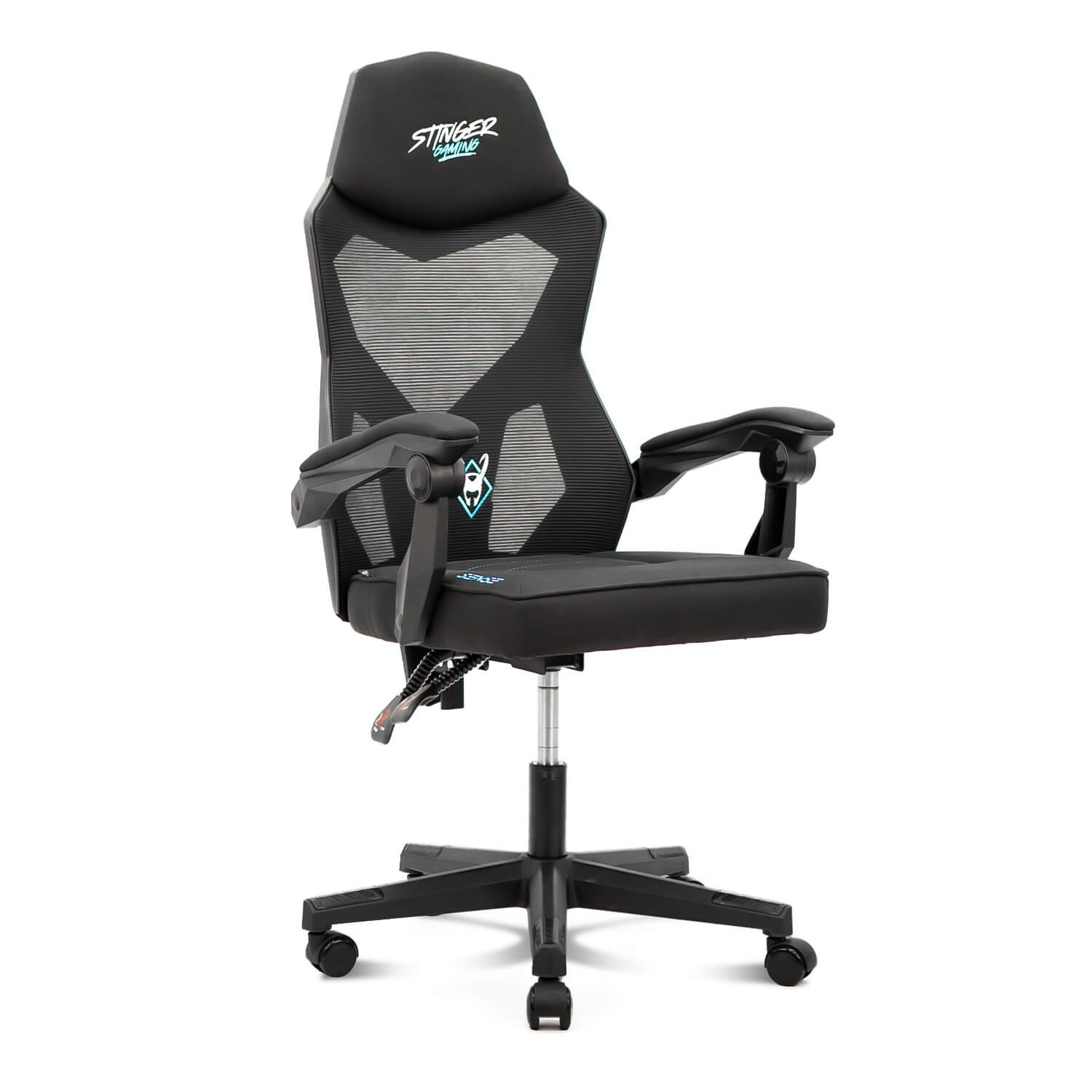 Silla gaming negra con respaldo de malla y detalles azules. Logotipo de Stinger Gaming en el reposacabezas.
