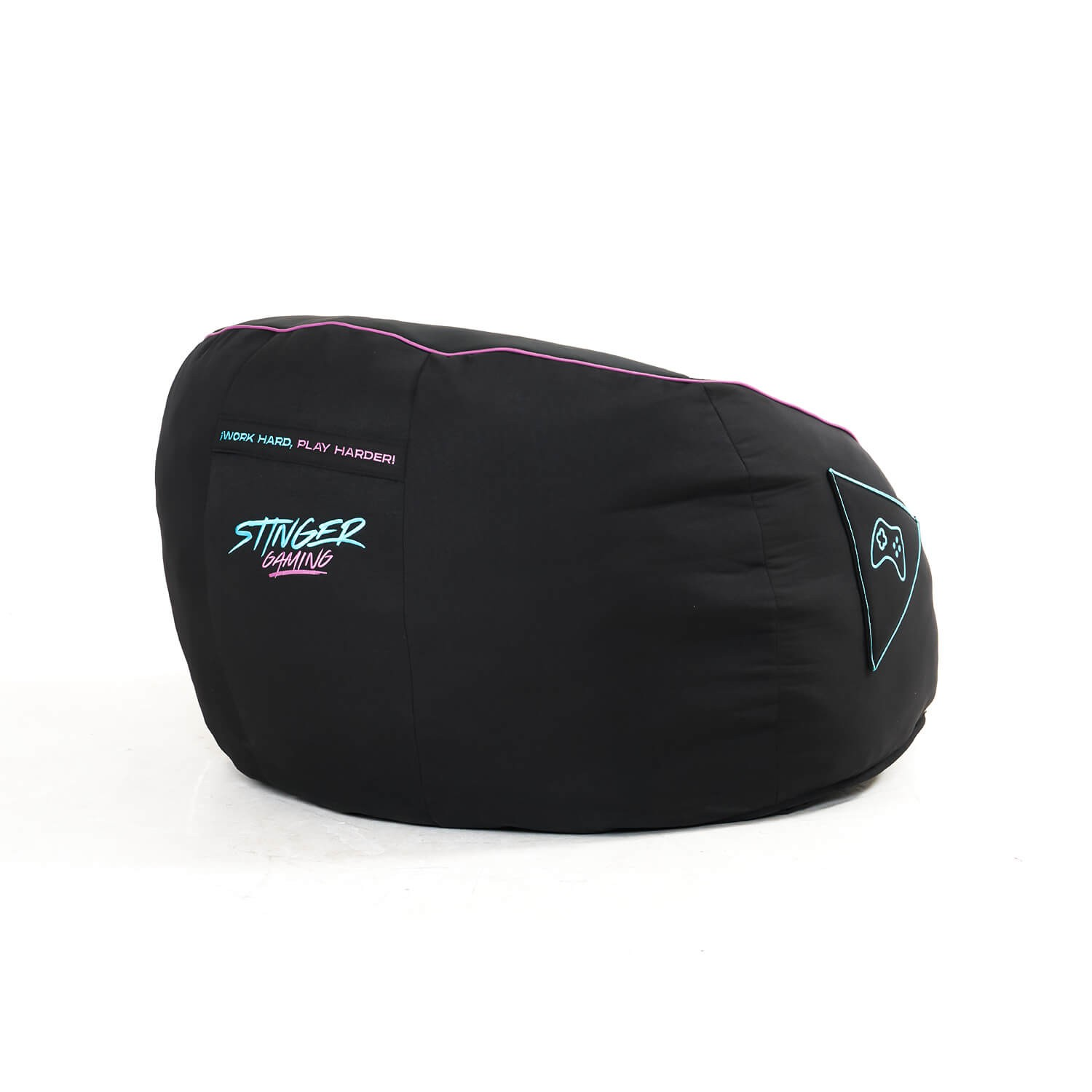 Puf gaming negro, logo Stinger Gaming, detalles rosa y azul.