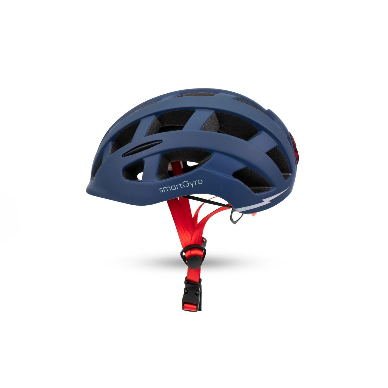 Casco azul SmartGyro con correas rojas, fondo blanco.