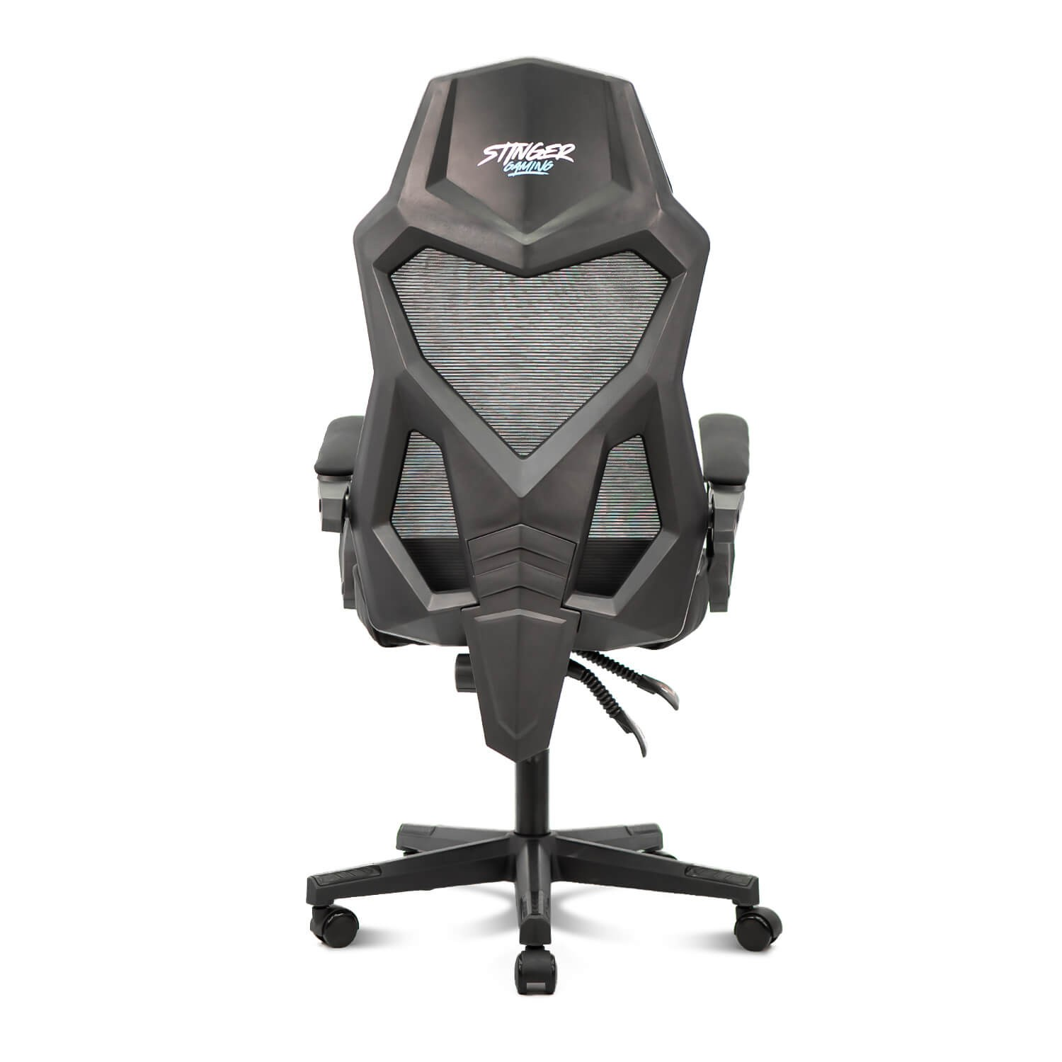 Silla gamer, vista trasera, negro con diseño de malla, logo Stinger Gaming.