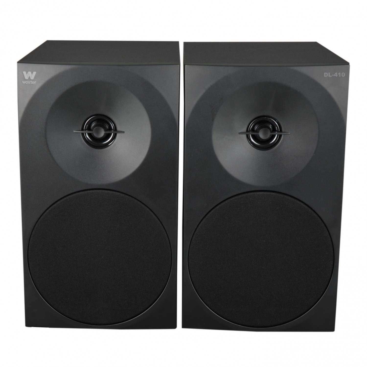 Dos altavoces negros lado a lado. Cada uno tiene un altavoz redondo y un woofer.