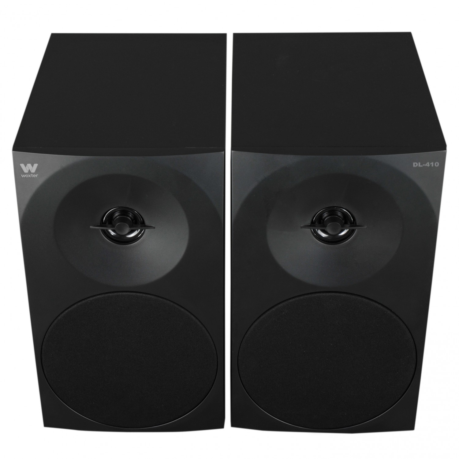 Dos altavoces negros lado a lado. Cada uno tiene un altavoz redondo y un woofer.