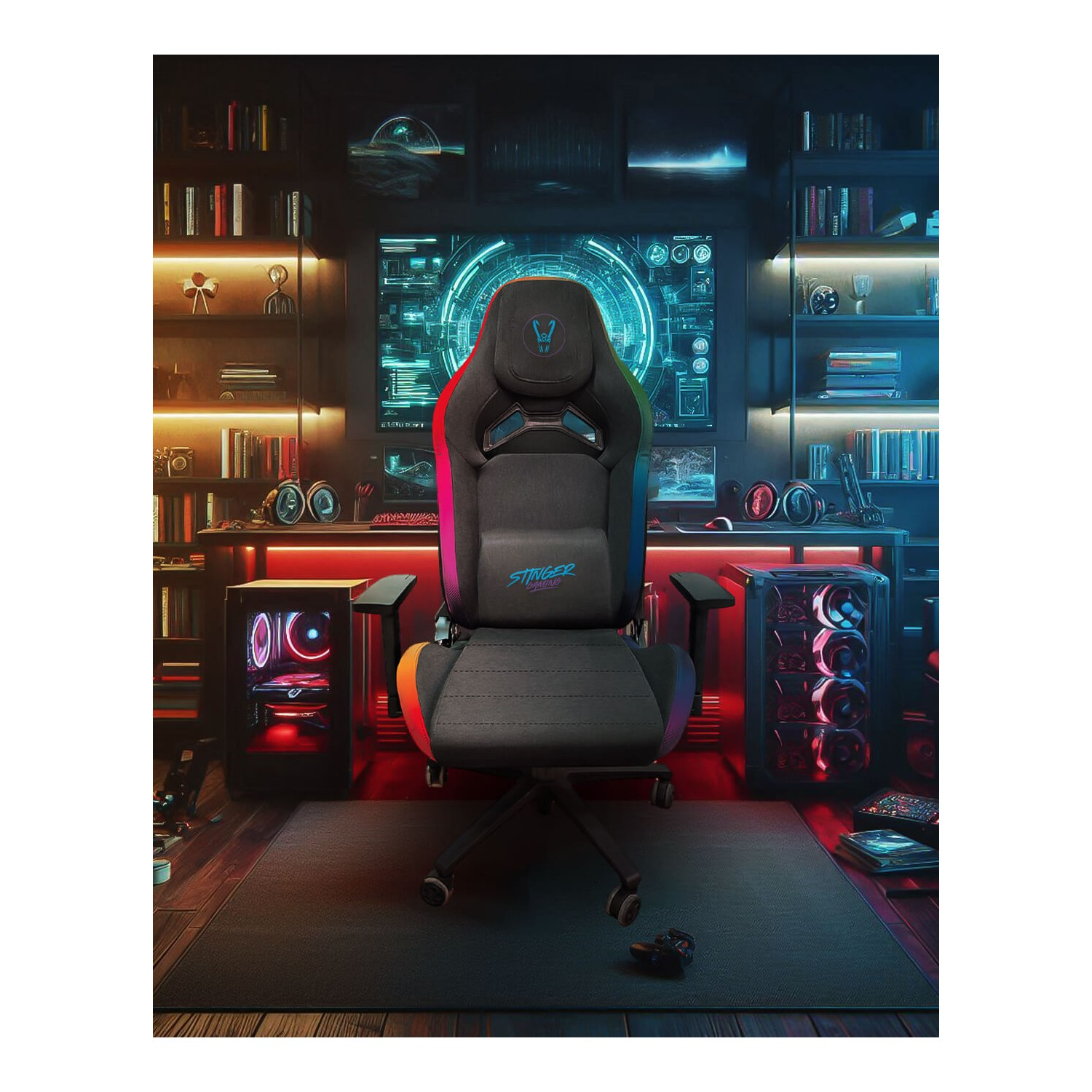 Una silla gaming en una habitación con una configuración de computadora. La silla tiene luces de arcoíris. Estanterías y computadoras son visibles.