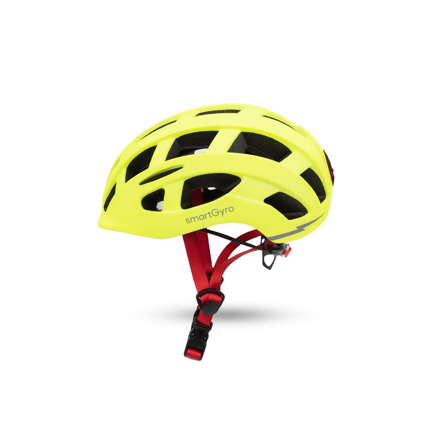Un casco de bicicleta amarillo con la marca 'SmartGyro'. Tiene correas rojas y orificios de ventilación.