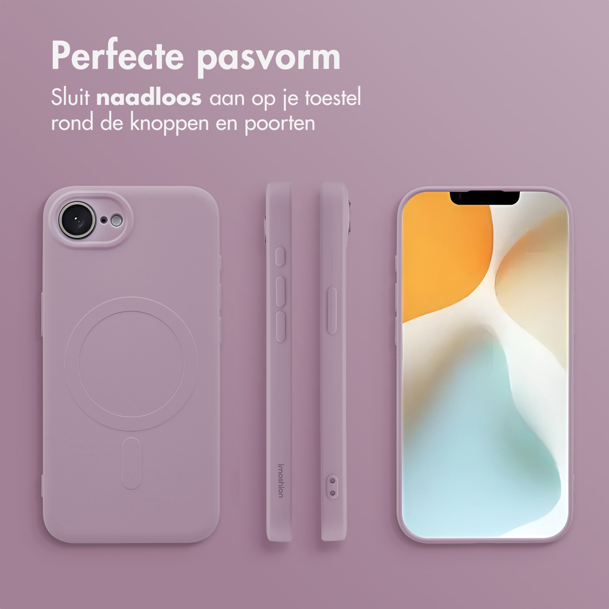 Tre custodie per telefoni dello stesso colore. La custodia centrale mostra il lato. Il testo dice 'Vestibilità perfetta'.