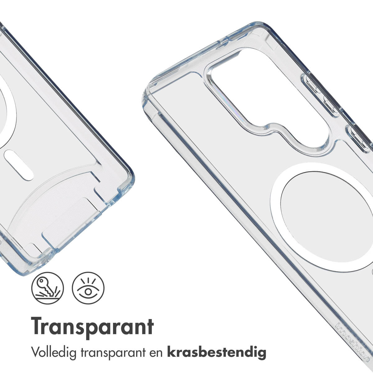 Gros plan sur une coque de téléphone transparente. Le texte dit 'Transparent' et 'Résistant aux rayures'.