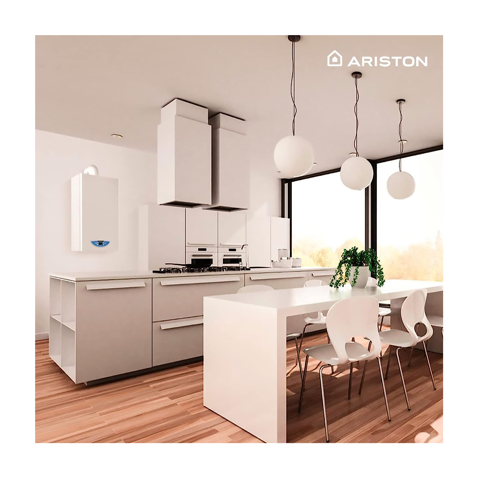 Cucina moderna con mobili bianchi, tavolo da pranzo e logo Ariston. Caldaia a parete e luci a sospensione.