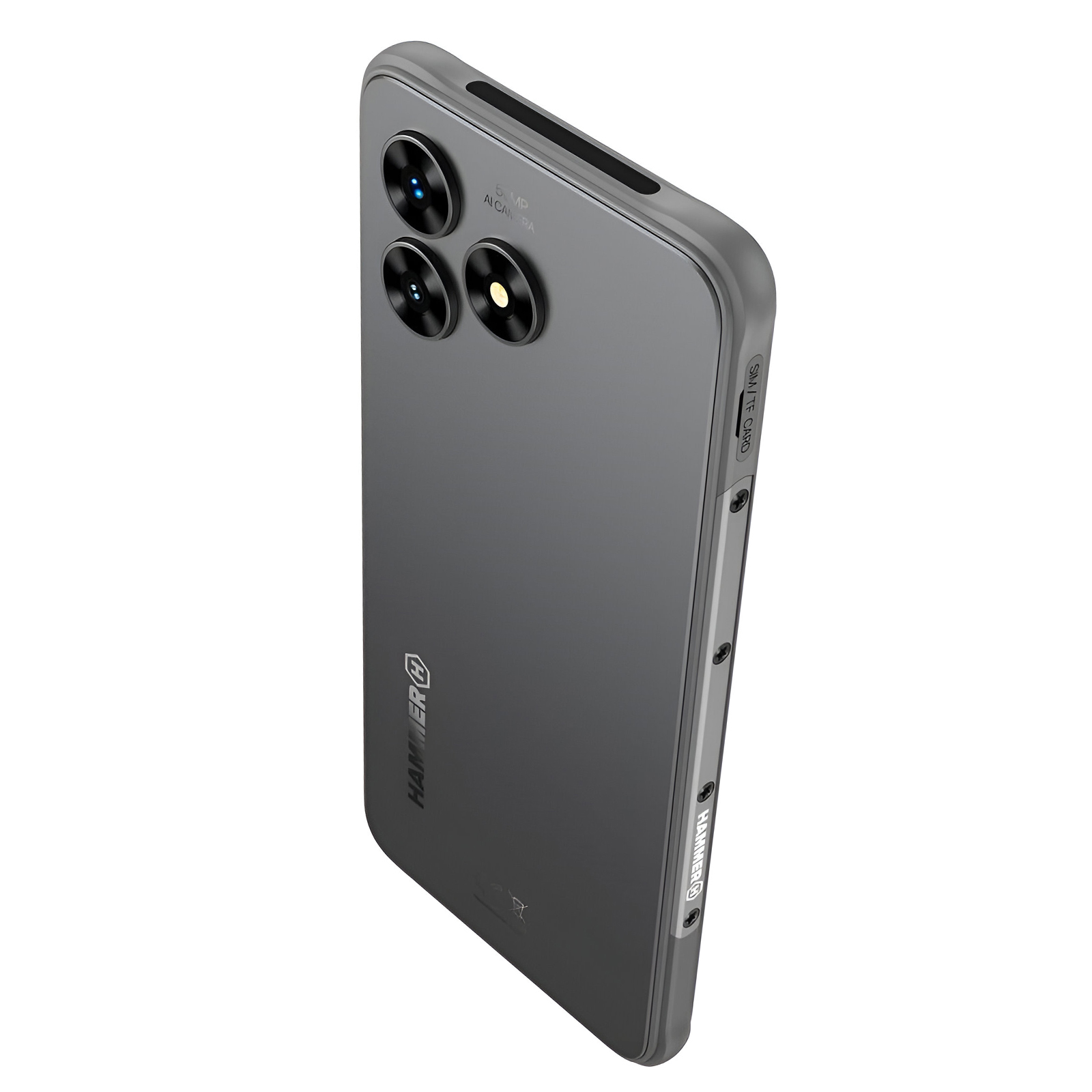 Szary smartfon z góry, pokazujący moduł aparatu i nazwę marki 'HAMMER'.