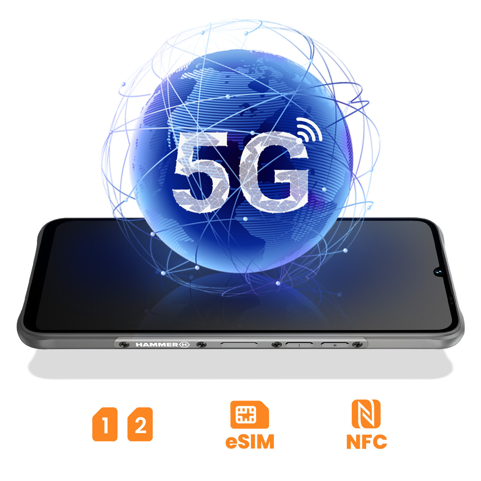 Smartfon z obrazem kuli 5G. Ikony pokazują 1, 2, eSim i NFC. Białe tło.
