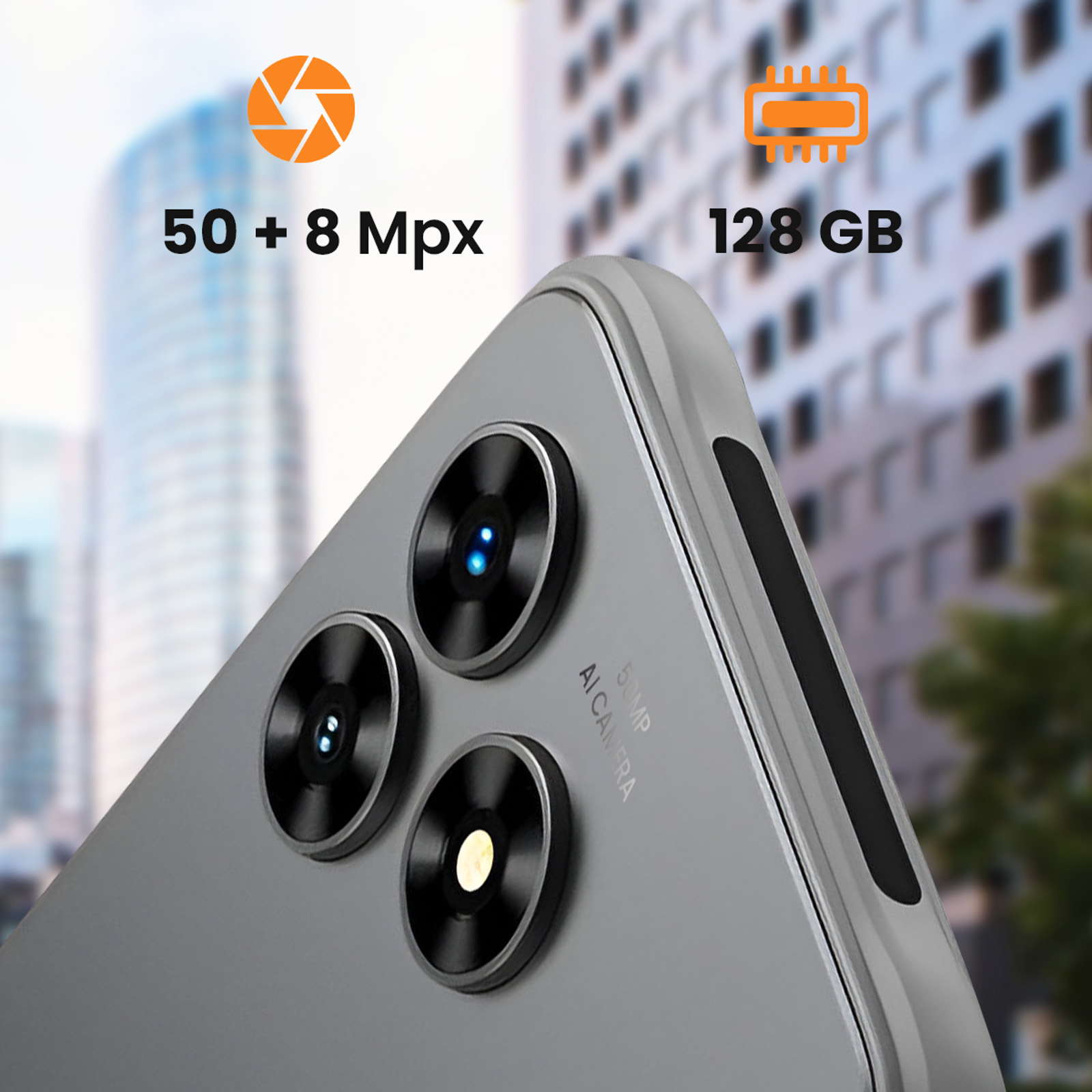 Srebrny tył telefonu z trzema aparatami, ikonami 50+8 Mpx i 128 GB oraz rozmytym tłem.